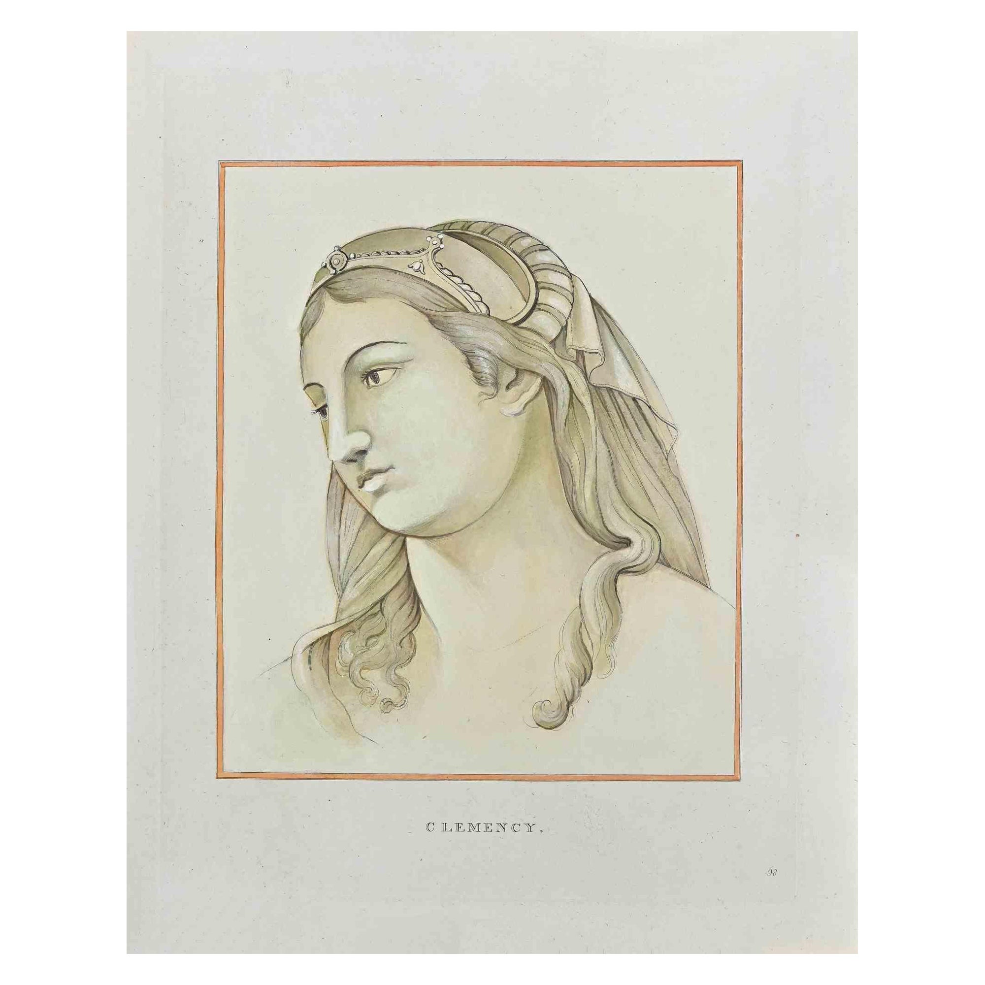 Portrait of the Clemency is an etching realized by Thomas Holloway for Johann Caspar Lavater's "Essays on Physiognomy, Designed to Promote the Knowledge and the Love of Mankind", London, Bensley, 1810. 

Good conditions.

Johann Caspar Lavater was a