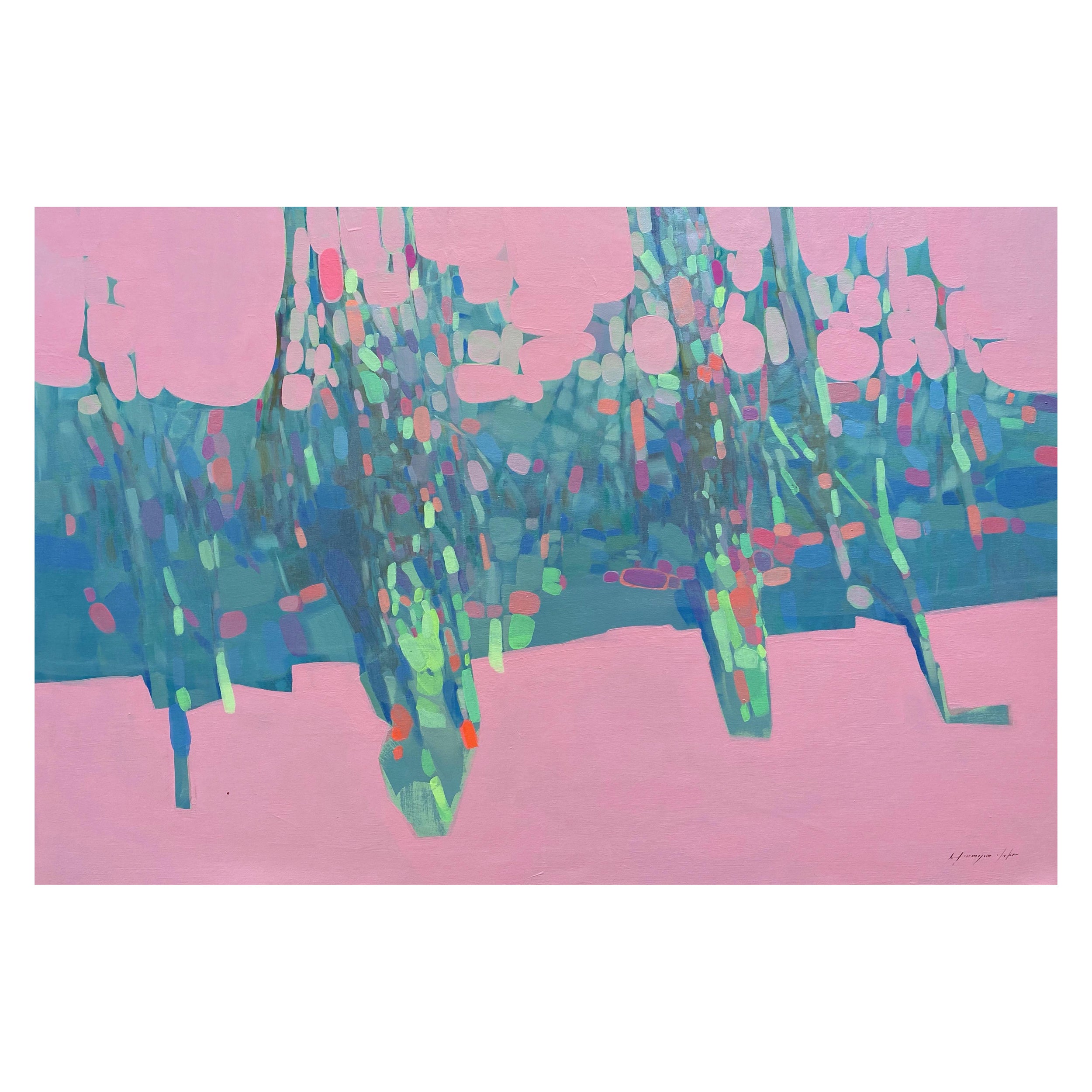 Vahe Yeremyan Abstract Painting – Bäume in Rosa, Original-Ölgemälde, hängefertig