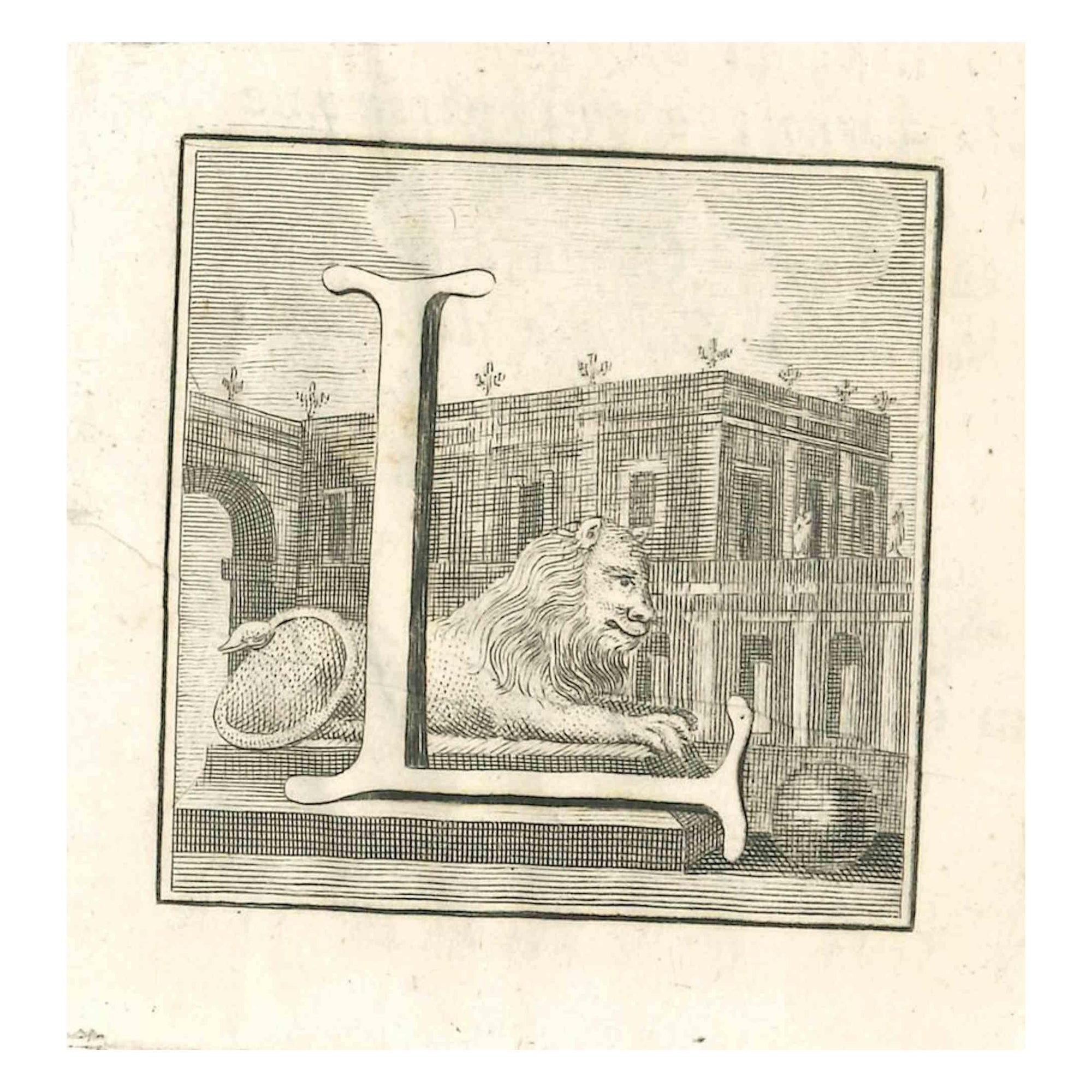 Gaspar Van Wittel (Vanvitelli) Figurative Print – Antiquitäten des Herculaneum Buchstabens L – Radierung von Gaspar V. Wittel – 18. Jahrhundert