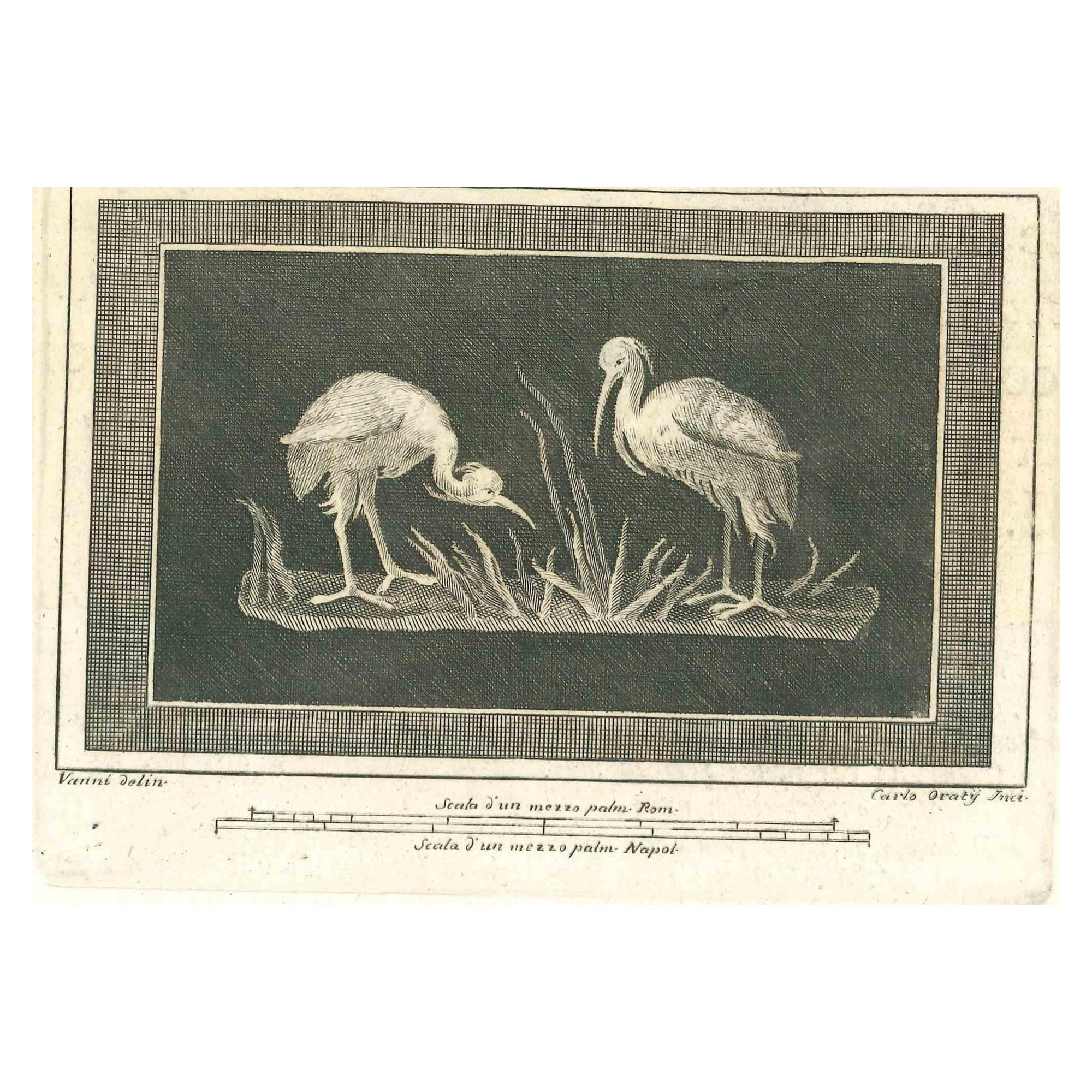 Ancient Roman Fresco from the series "Antiquities of Herculaneum", is an etching on paper realized by Carlo Oraty in the 18th Century.

Signed on the plate.

Good conditions with some foxing.

The etching belongs to the print suite “Antiquities of