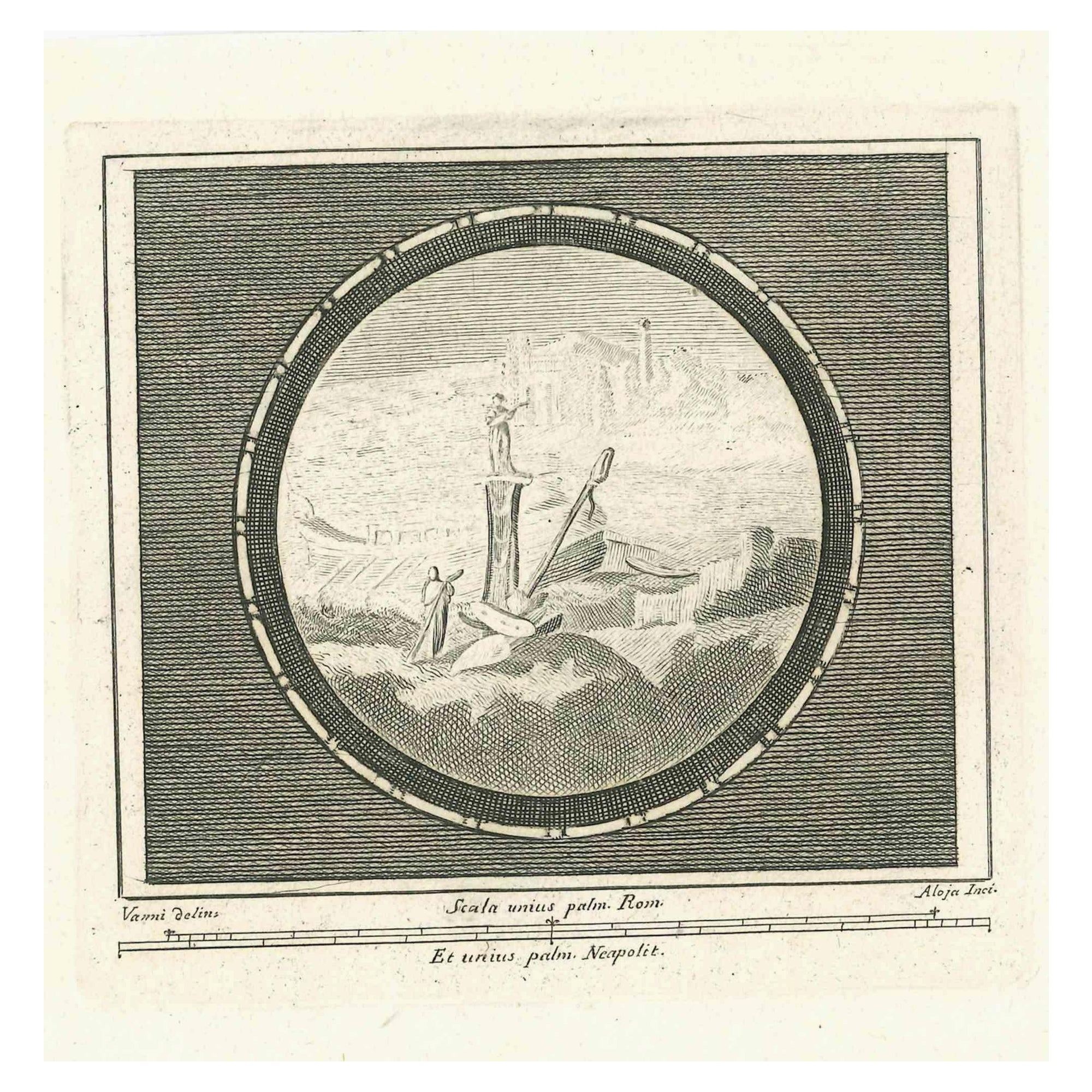 Figurative Print de Vincenzo Aloja - Paisaje de Herculano - Aguafuerte V. Aloja  - Siglo XVIII