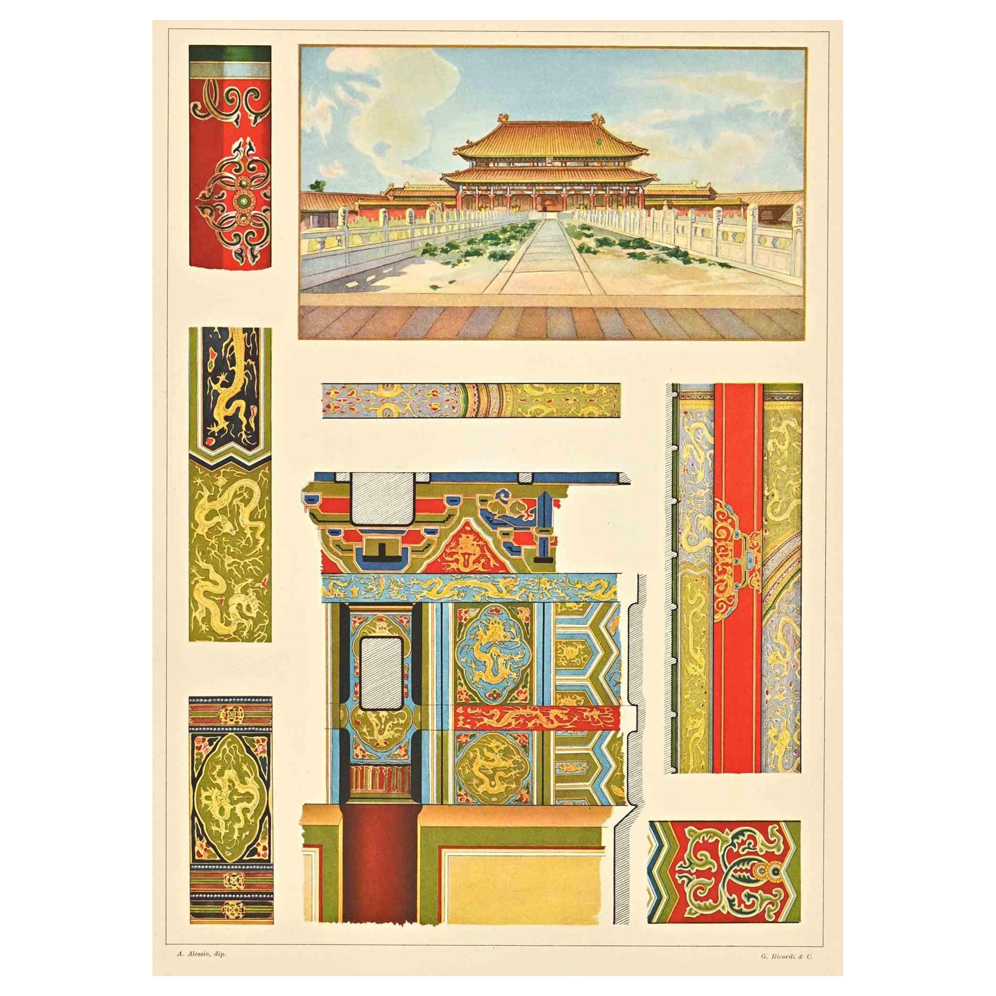 Dekorative Motive - Chinesische Stile  ist ein Druck auf elfenbeinfarbenem Papier, der von Andrea Alessio in der  Anfang des 20. Jahrhunderts. Signiert auf der Platte auf der Unterseite.

Vintage Chromolithographie.

Sehr guter Zustand.

Das