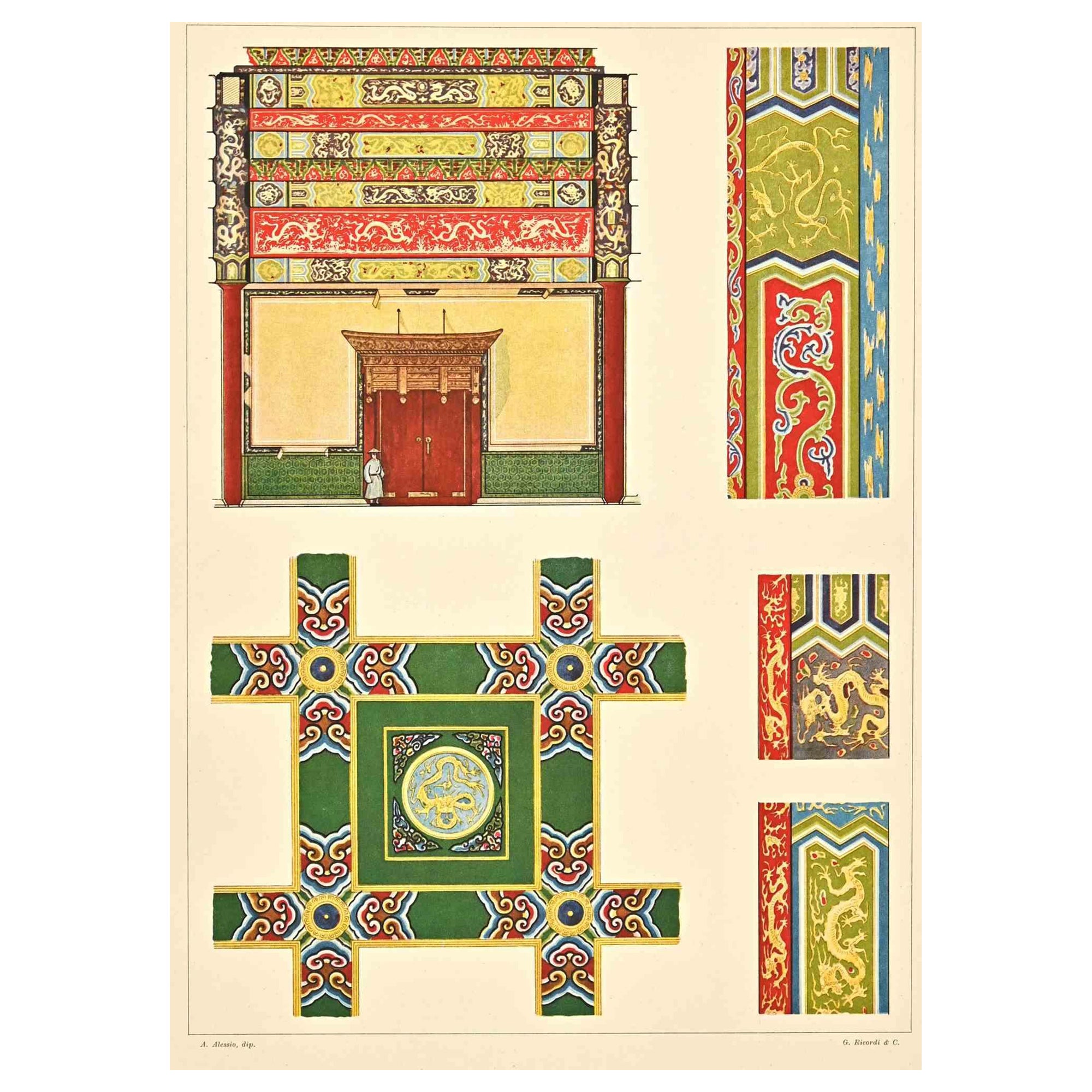 Decorative Motifs - Chinese  Styles  is a print on ivory-colored paper realized by Andrea Alessio in the  early 20th Century. Signed on the plate on the lower.

Vintage Chromolithograph.

Very good conditions.

The artwork represents Decorative