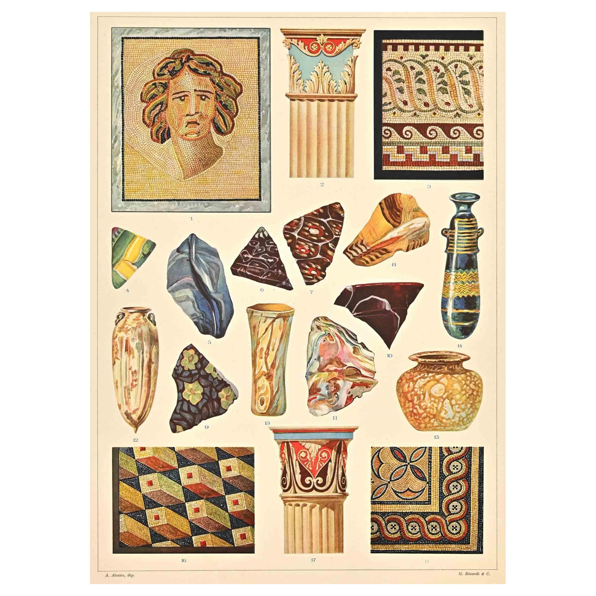 Dekorative Motive - Römische Stile ist ein Druck auf elfenbeinfarbenem Papier von Andrea Alessio aus dem frühen 20. Jahrhundert. Signiert auf der Platte auf der Unterseite.

Vintage Chromolithographie.

Sehr guter Zustand.

Das Kunstwerk stellt