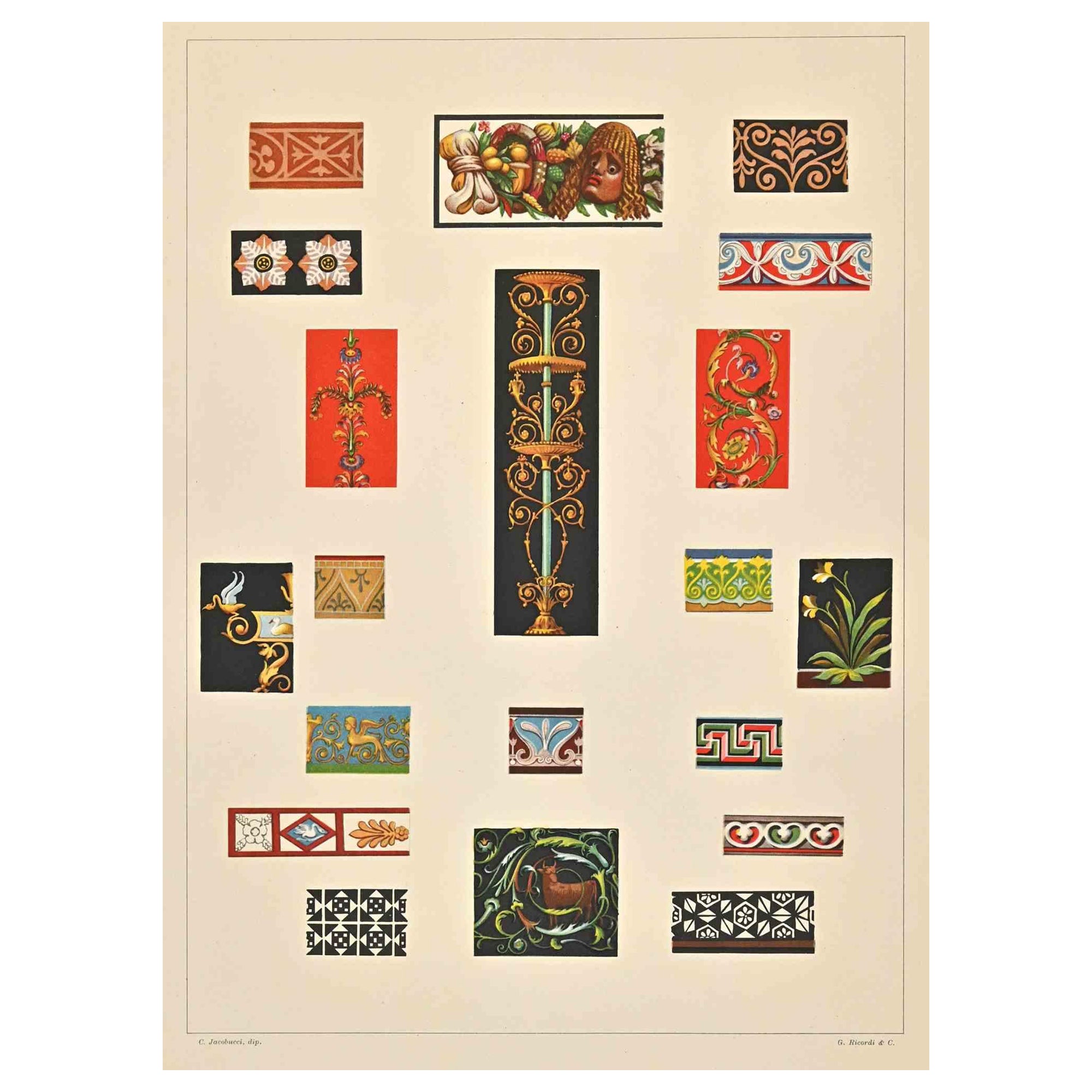 Decorative Motifs - Roman  Styles is a print on ivory-colored paper realized by  Carlo Jacobucci in the early 20th Century. Signed on the plate on the lower.

Vintage Chromolithograph.

Very good conditions.

The artwork represents Decorative motifs
