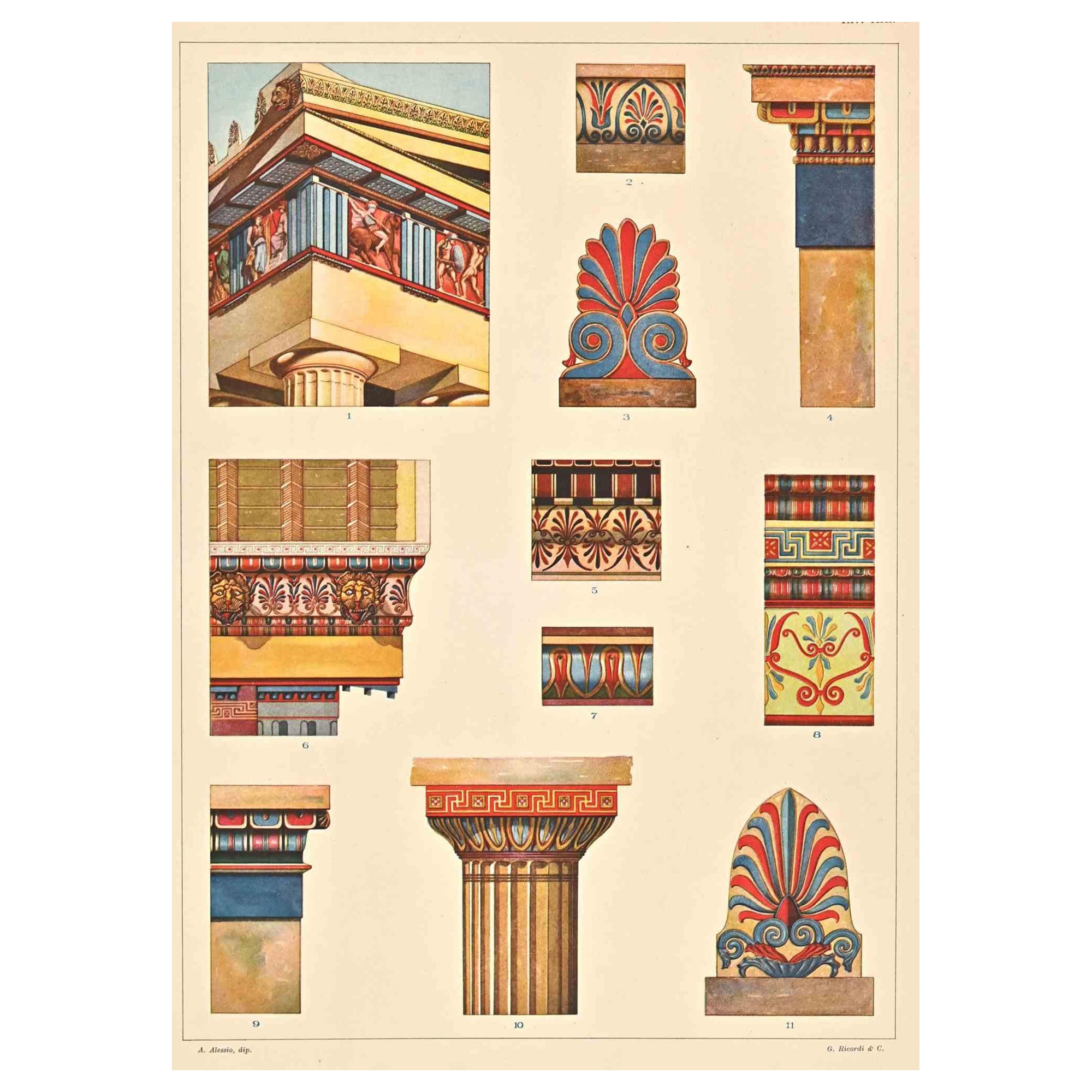 Motifs décoratifs - Grec  Styles est une impression sur papier de couleur ivoire réalisée d'après Andrea Alessio au début du 20ème siècle. Signé sur la plaque en bas.

Vintage Chromolithograph.

Très bonnes conditions.

L'œuvre d'art représente