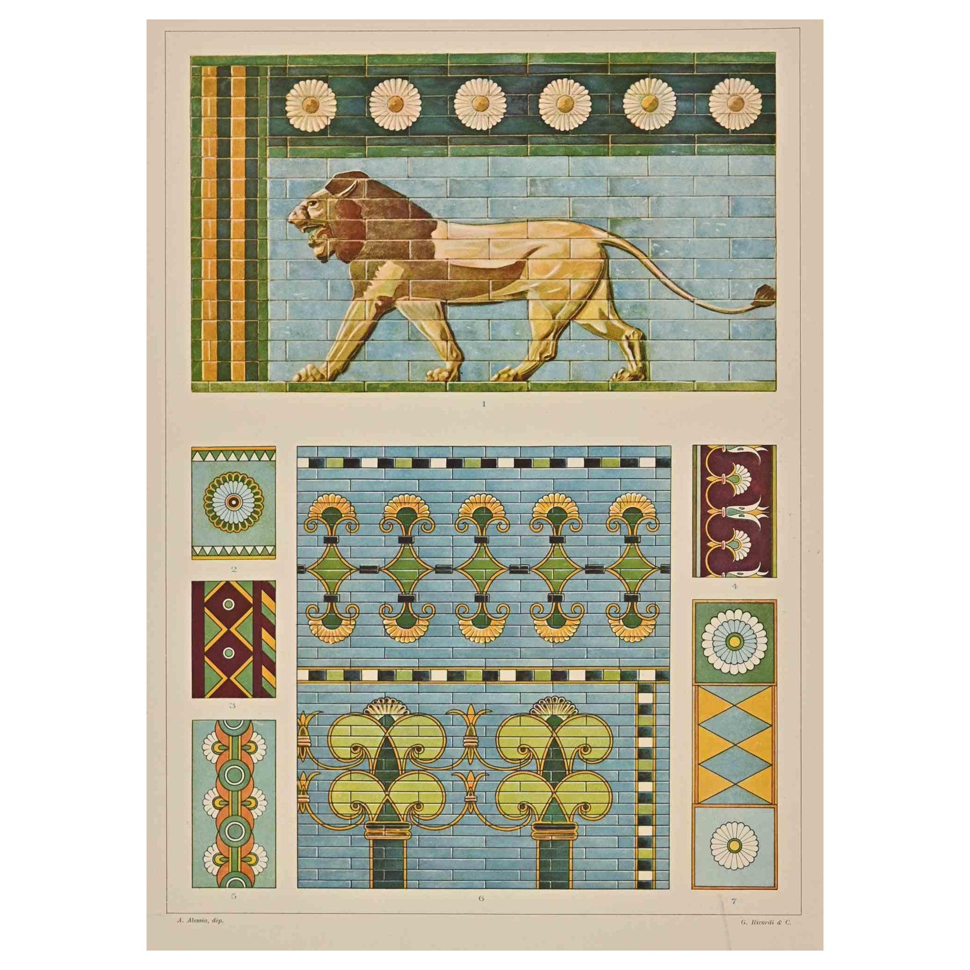 Motifs décoratifs - Styles chaldéens-assyriens est une impression sur papier couleur ivoire réalisée d'après Andrea Alessio au début du XXe siècle. Signé sur la plaque en bas.

Vintage Chromolithograph.

Très bonnes conditions.

L'œuvre d'art