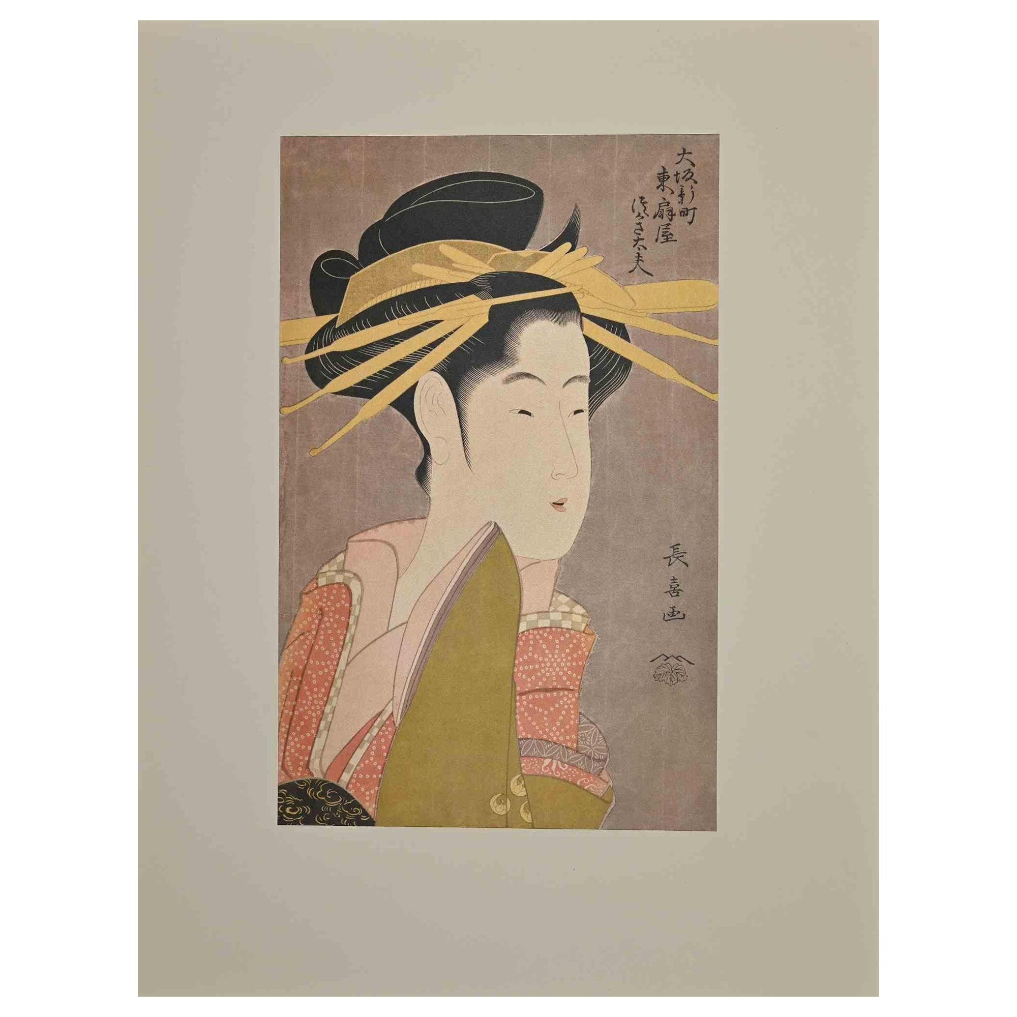 Shiratsuyu of the Wakanayai aus der Serie The Shinmachi Quarter of Osaka (Ôsaka Shinmachi) ist ein Druck, der in der Mitte des 20. Jahrhunderts nach dem berühmten Holzschnitt von Chokosai Eisho (Japan, Edo-Periode, 1700 n. Chr.) entstand.

Siebdruck