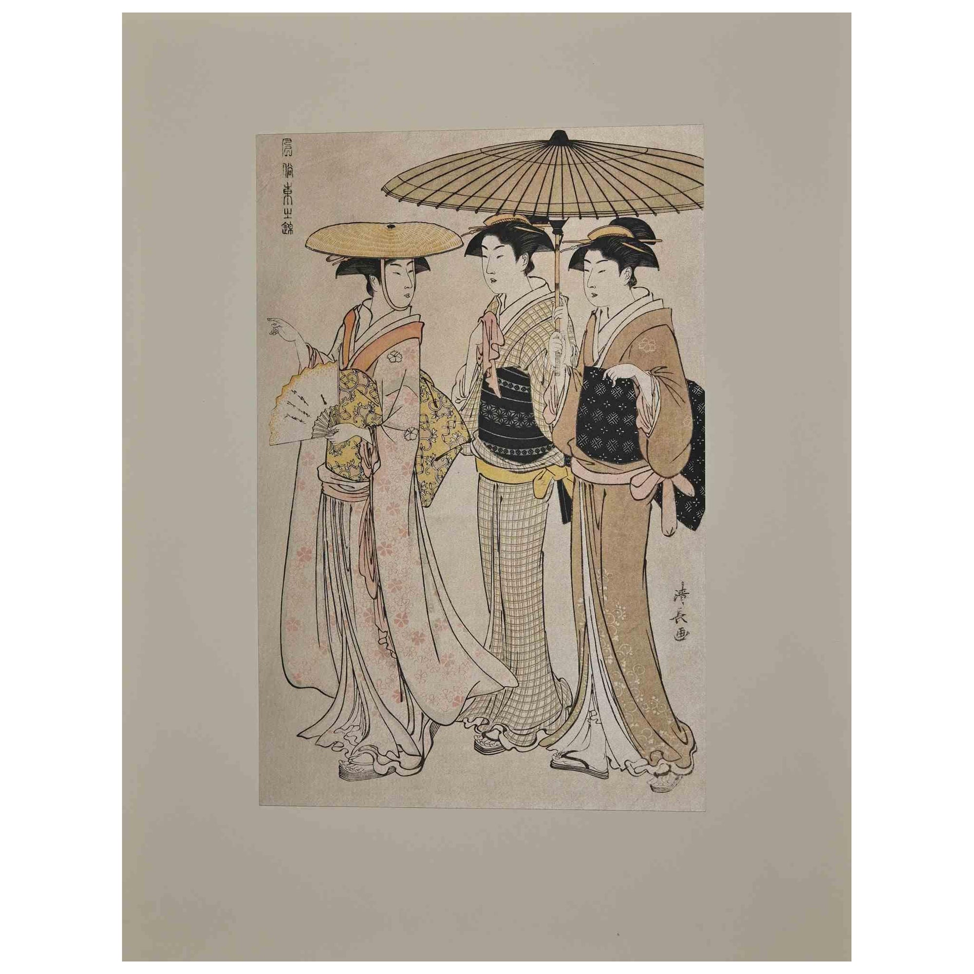 Deux femmes en costume d'été emmenant une jeune fille dans un temple shinto est une estampe japonaise d'après Torri Kiyonage, réalisée au milieu du 20e siècle.

Titre "Deux femmes en costume d'été emmenant une jeune fille dans un temple shinto pour