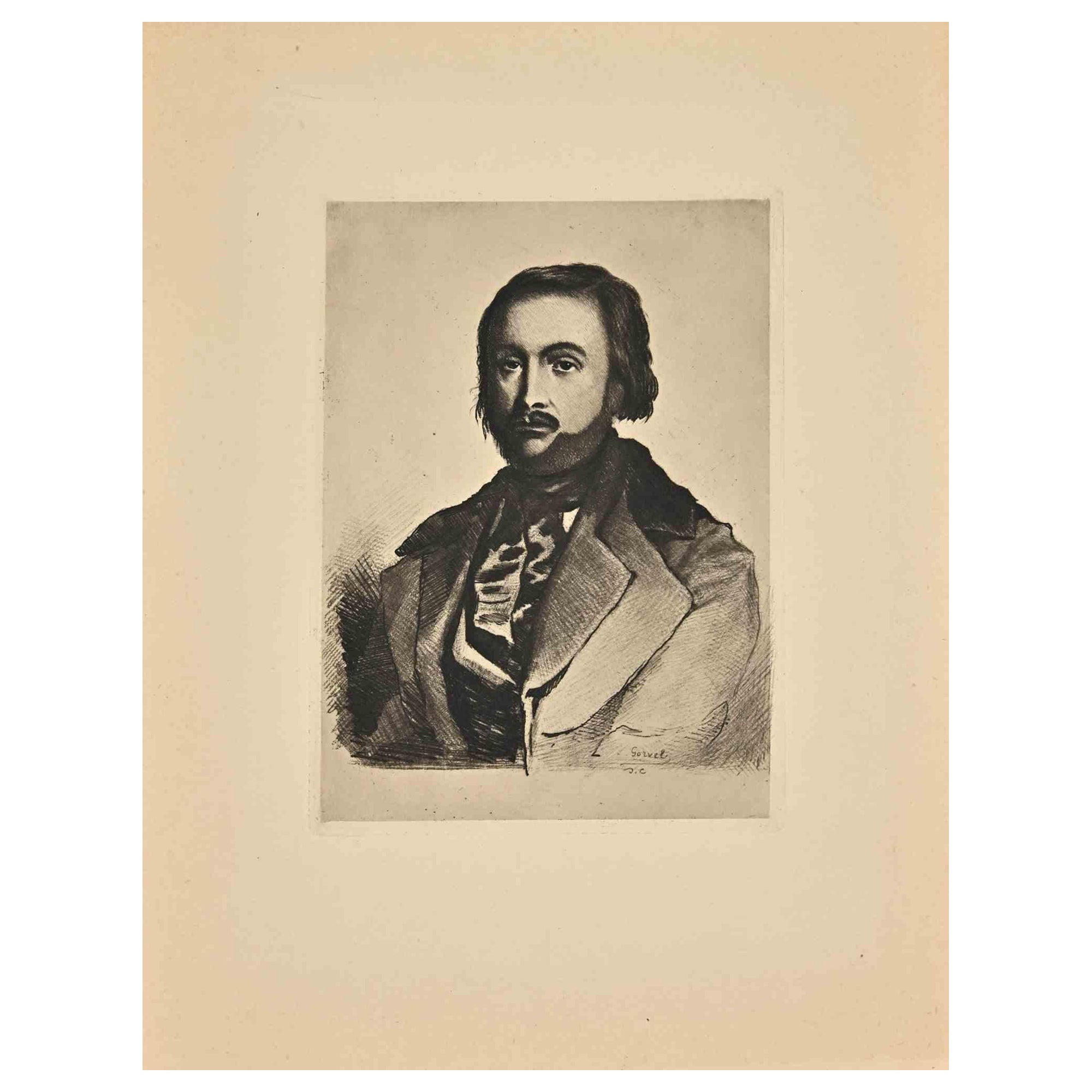 Portrait is an original modern artwork realized by George Gorvel in the 19th Century.

Black and white etching.

The artwork is depicted through soft strokes in a well-balanced composition.