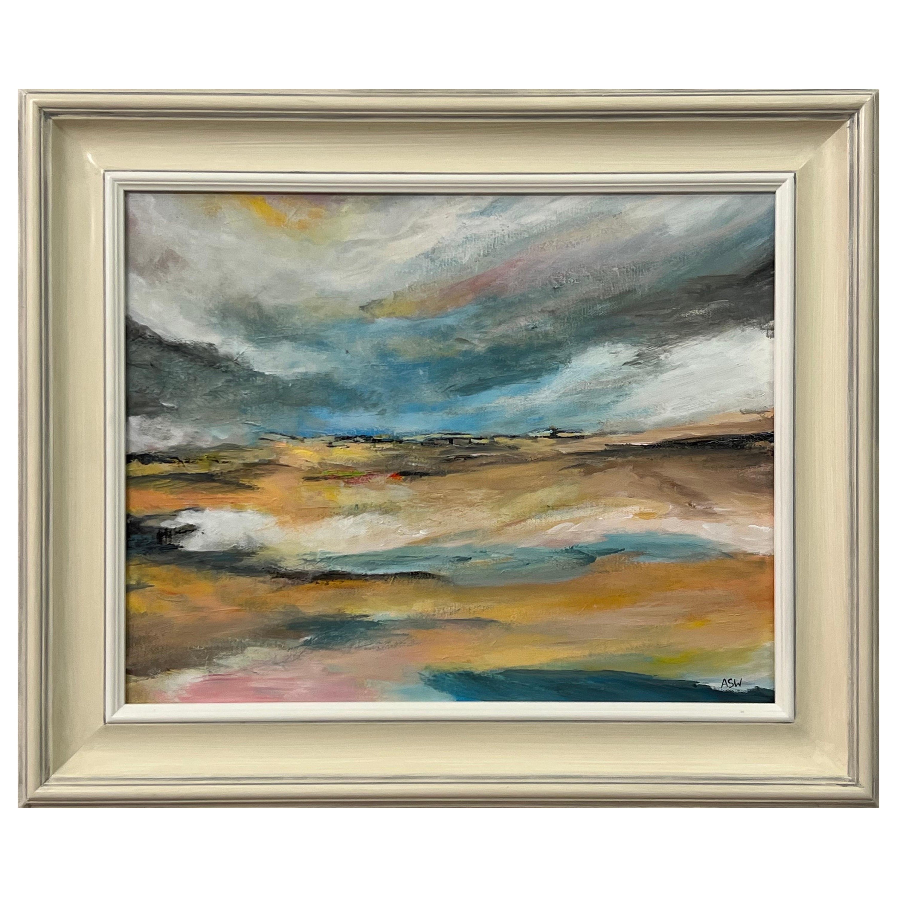 Angela Wakefield Abstract Painting - Atmospheric Abstract Landscape Seascape Art of England using Blue & Warm Yellows