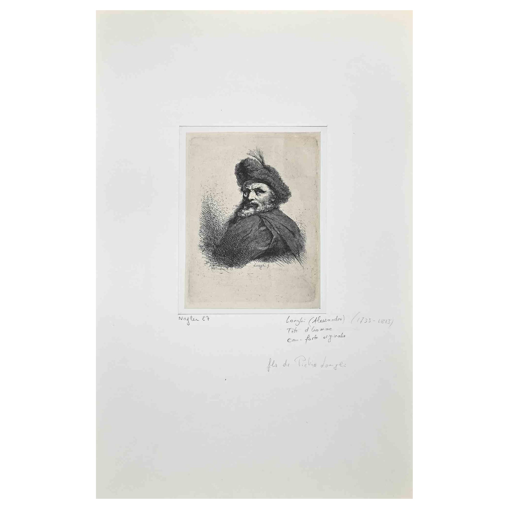 Tête d'Homme is an etching realized by Alessandro Longhi.

Hand Signed lower center. Passpartout included cm 49.5x32.5

The artwork  is in good condition .

Alessandro Longhi (1733 – 1813)

 Alessandro Longhi was a Italian painter, son of Pietro