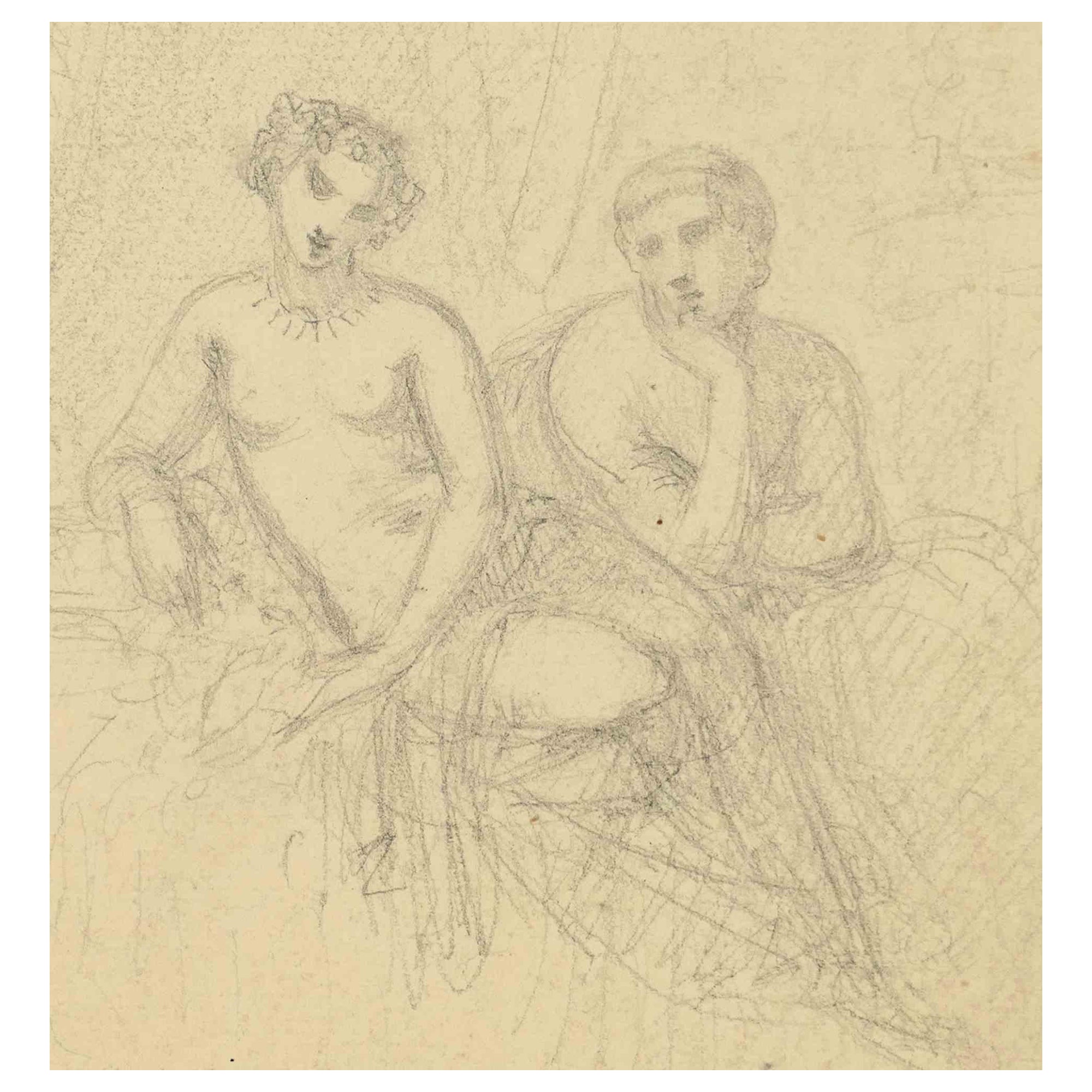 Naked Couple  -Drawing by Tony Johannot - 19th Century