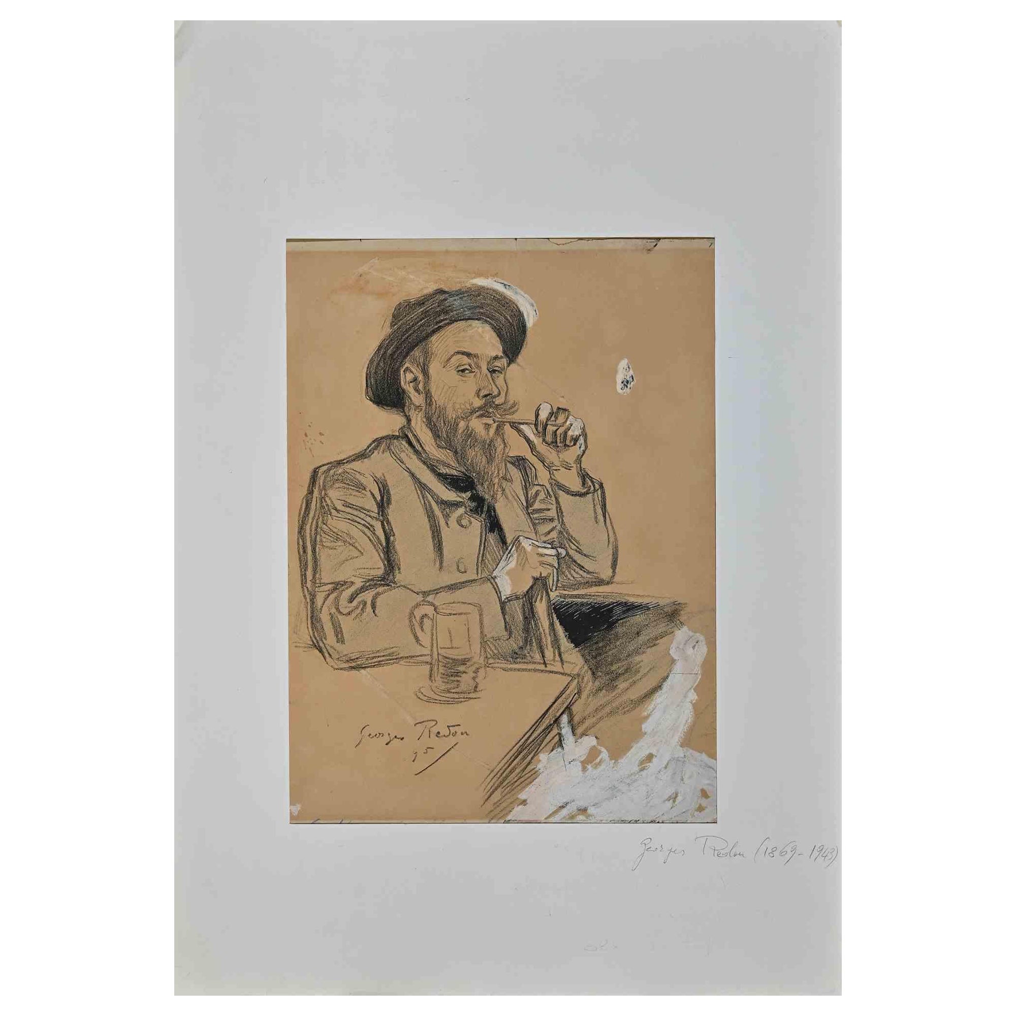 Georges Redon Figurative Art - Pipe Man - Drawing by G. Redon - 1895