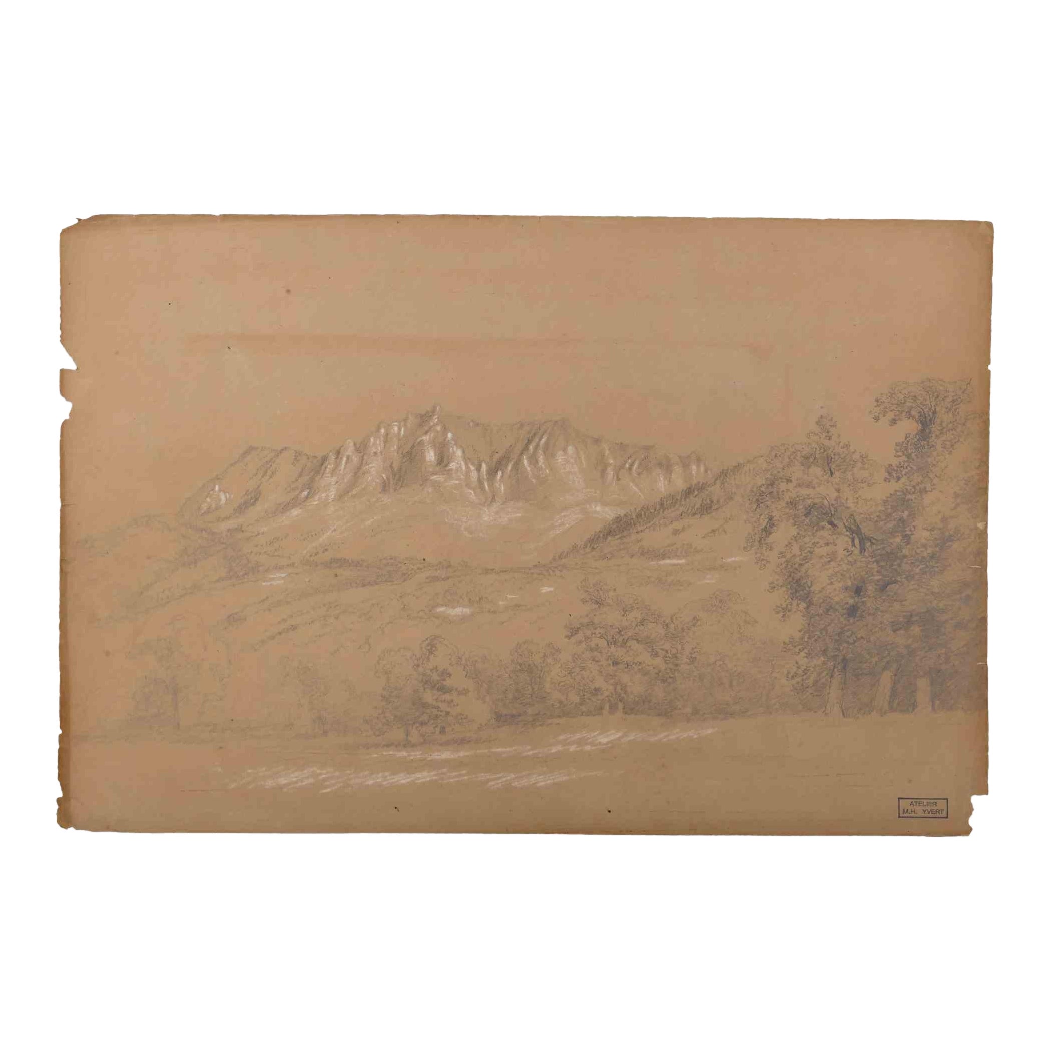 Alpine Landscape is an original Artwork, Drawing,  realized in the second half of the 19th Century by Marie Hector Yvert.

Original pencil and white chalk on brown paper. Stamp of Atelier M.H. Yvert on the right margin.  This artwork represents a