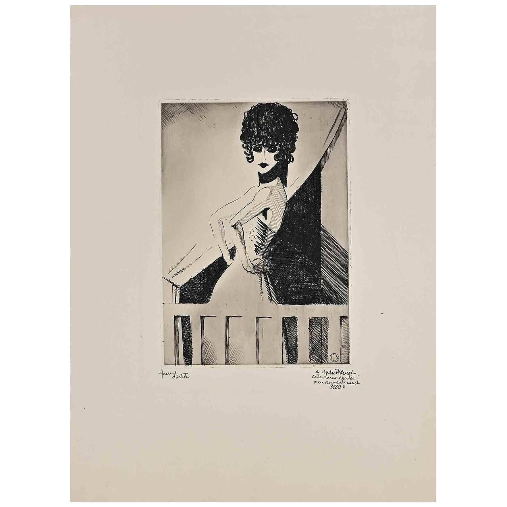 Woman is an etching realized in 1925 by Bernard Bécan (1890-1943).

Hand-signed, monogrammed and dedicated on the right margin. Edition, p.a.  Passpartout included: cm 55.5x37.5

The artwork is depicted skillfully through confident and short strokes