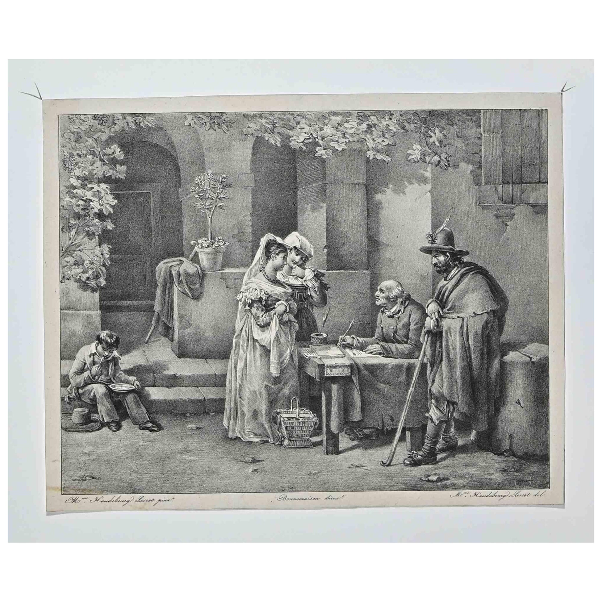 Bonnemaison is a Lithograph realized by Antoinette Haudebourt-Lescot.

Signed on plate and titled on the lower margin. Passpartout included cm 35x51

Good condition on a yellowed paper.

Antoinette Haudebourt-Lescot (14 December 1784 - 2 January