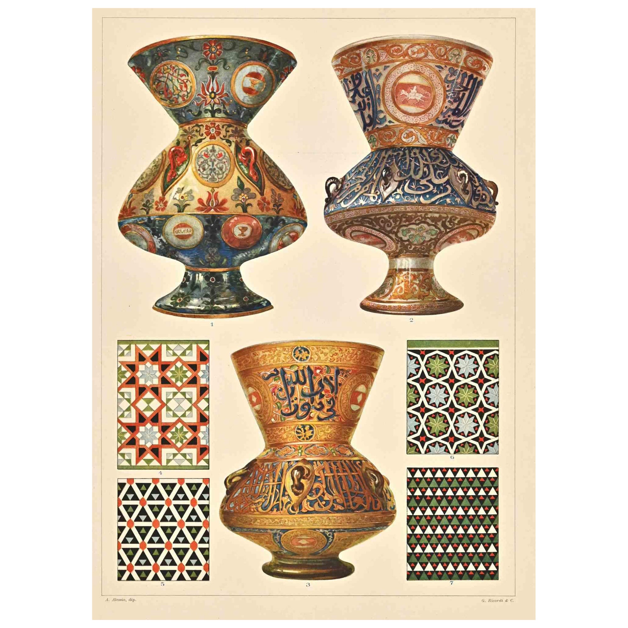 Decorative Motifs - Arab Styles is a print on ivory-colored paper realized by Andrea Alessio in the early 20th Century. Signed on the plate on the lower.

Vintage Chromolithograph.

Very good conditions.

The artwork represents Decorative motifs