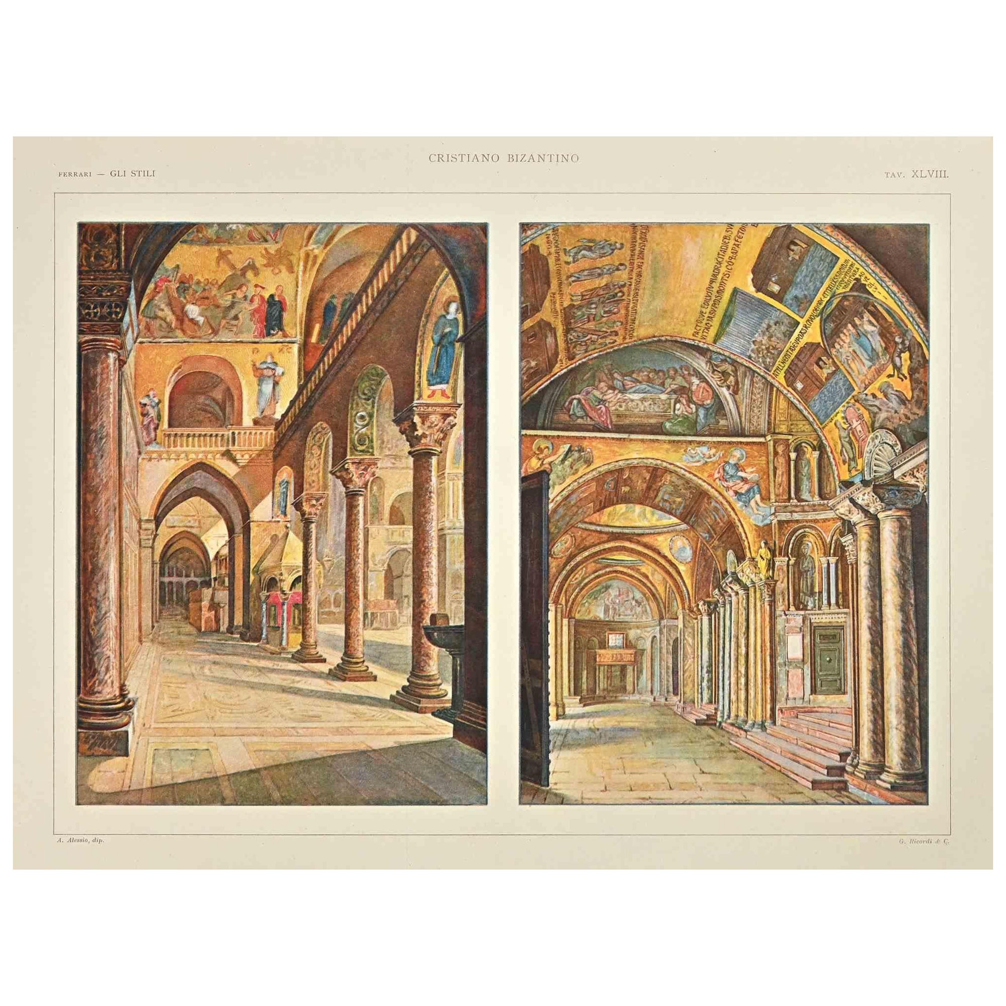 Christian Byzantine Decorative Style is a print on ivory-colored paper realized by Andrea Alessio in the early 20th Century.

Signed on the plate on the lower.

Vintage Chromolithograph.

Very good conditions.

The artwork represents Decorative