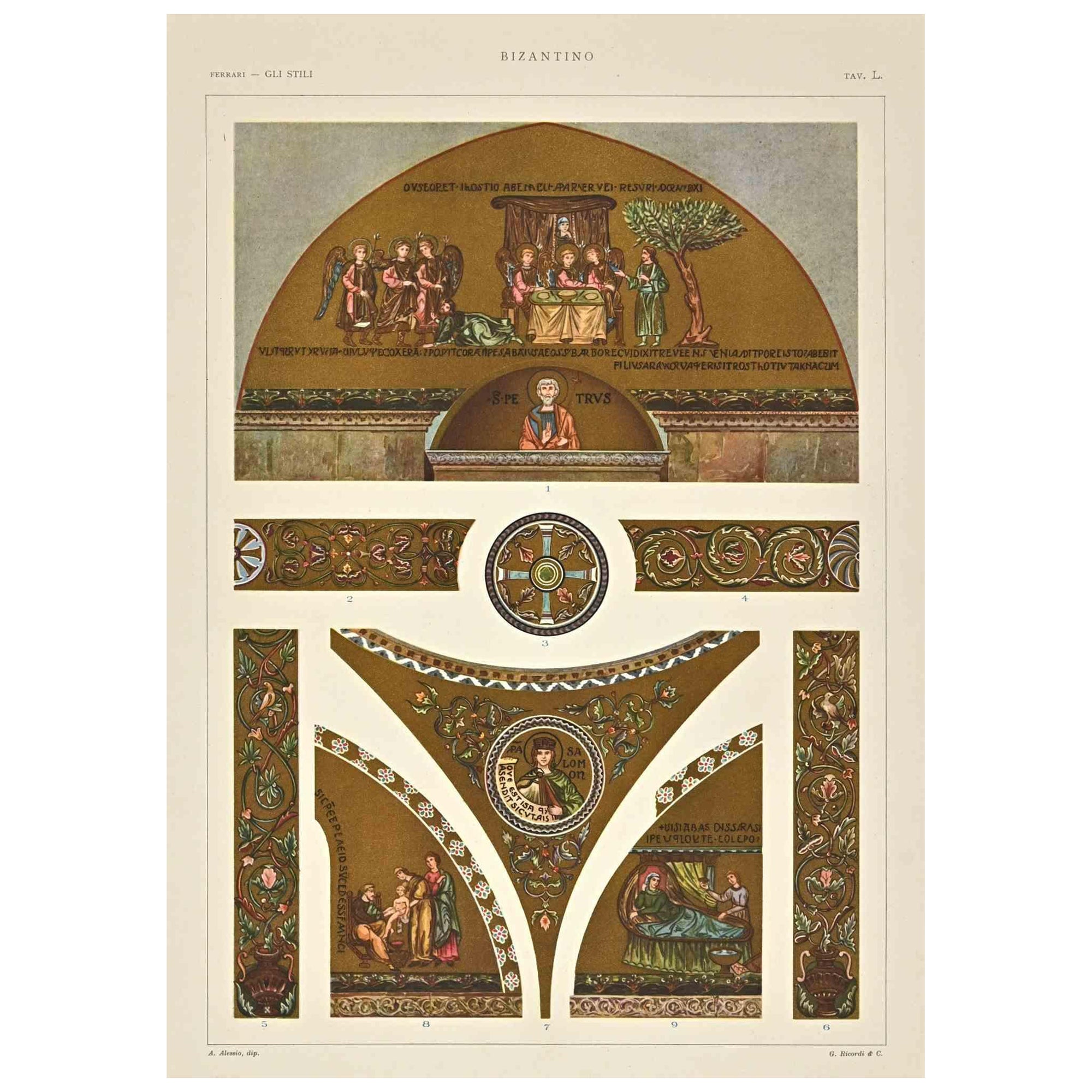 Byzantine Decorative Style is a print on ivory-colored paper realized by Andrea Alessio in the early 20th Century.

Signed on the plate on the lower.

Vintage Chromolithograph.

Very good conditions.

The artwork represents Decorative motifs through