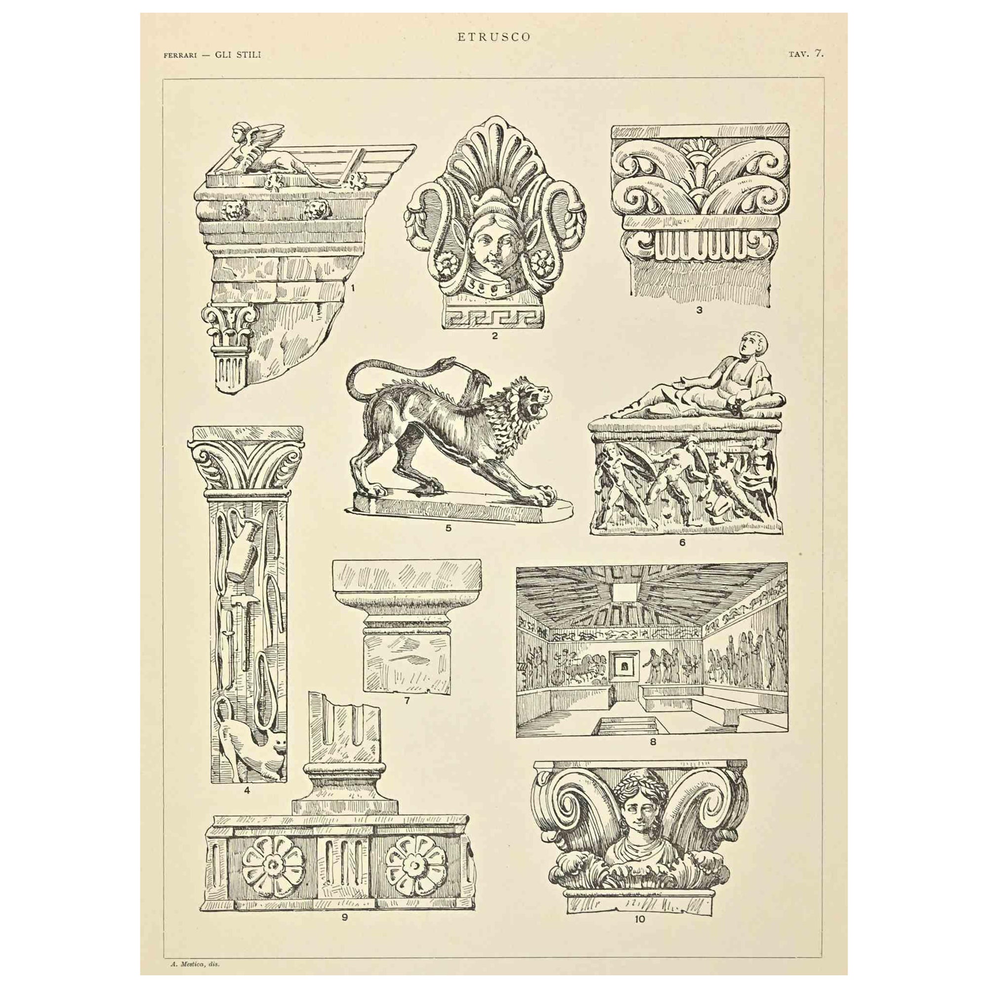 Etruscan  Decorative Style is a print on ivory paper realized by Andrea Alessio in the early 20th Century.

Signed on the plate on the lower.

Vintage lithograph.

Very good conditions.

The artwork represents Decorative motifs through well-defined