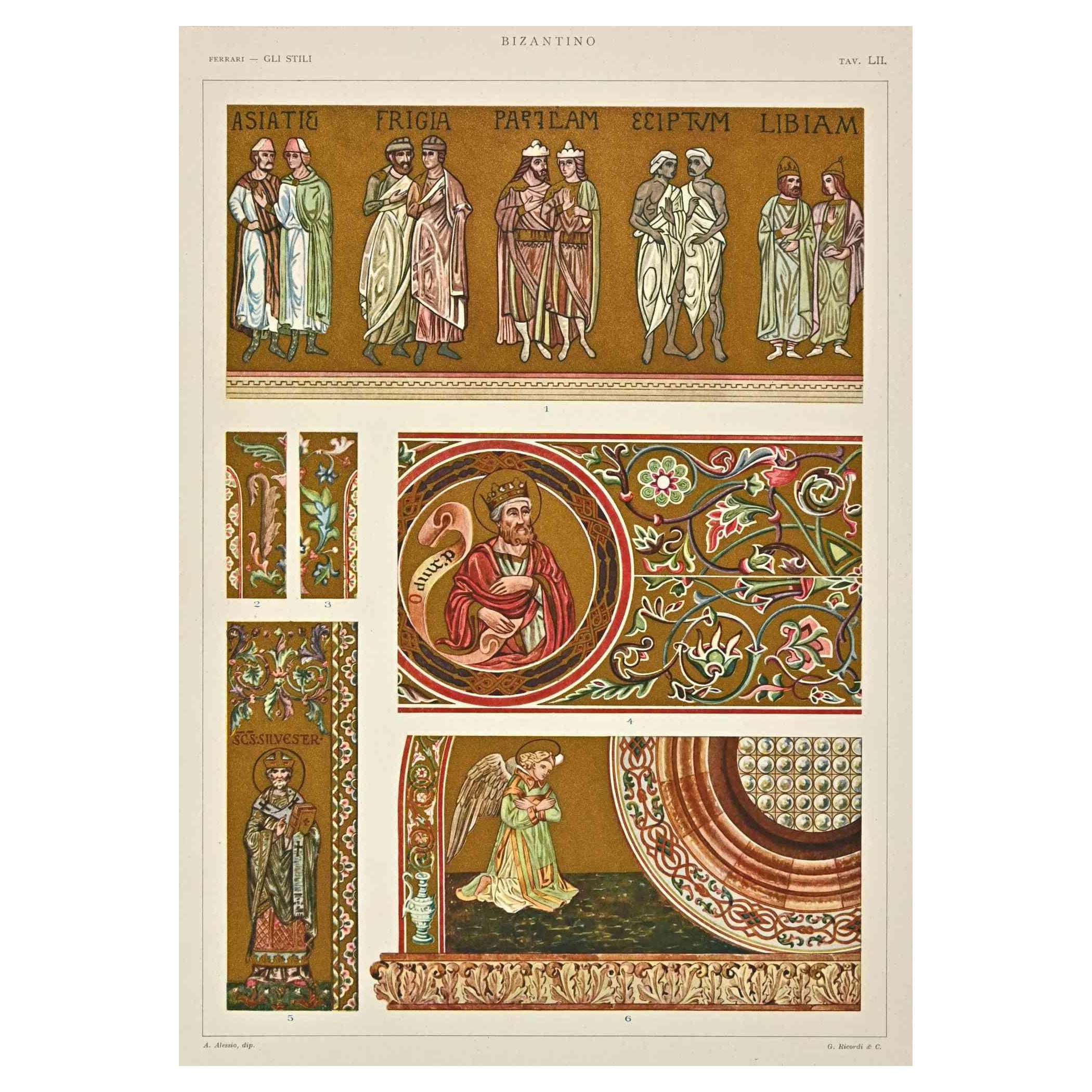 Byzantine  Decorative Style is a print on ivory-colored paper realized by Andrea Alessio in the early 20th Century.

Signed on the plate on the lower.

Vintage Chromolithograph.

Very good conditions.

The artwork represents Decorative motifs