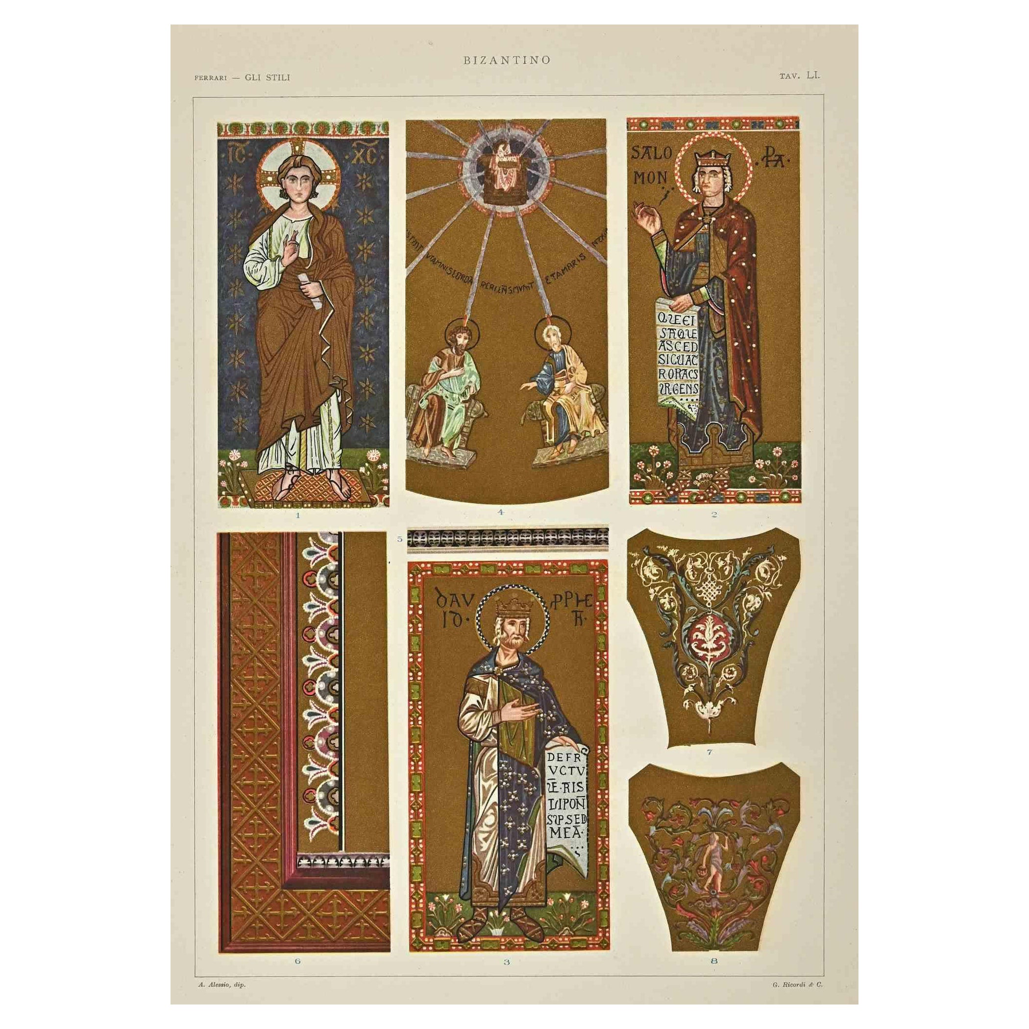 Stile decorativo bizantino è una stampa su carta color avorio realizzata da Andrea Alessio all'inizio del XX secolo.

Firmato sul piatto in basso.

Cromolitografia d'epoca.

Condizioni molto buone.

L'opera d'arte rappresenta motivi decorativi