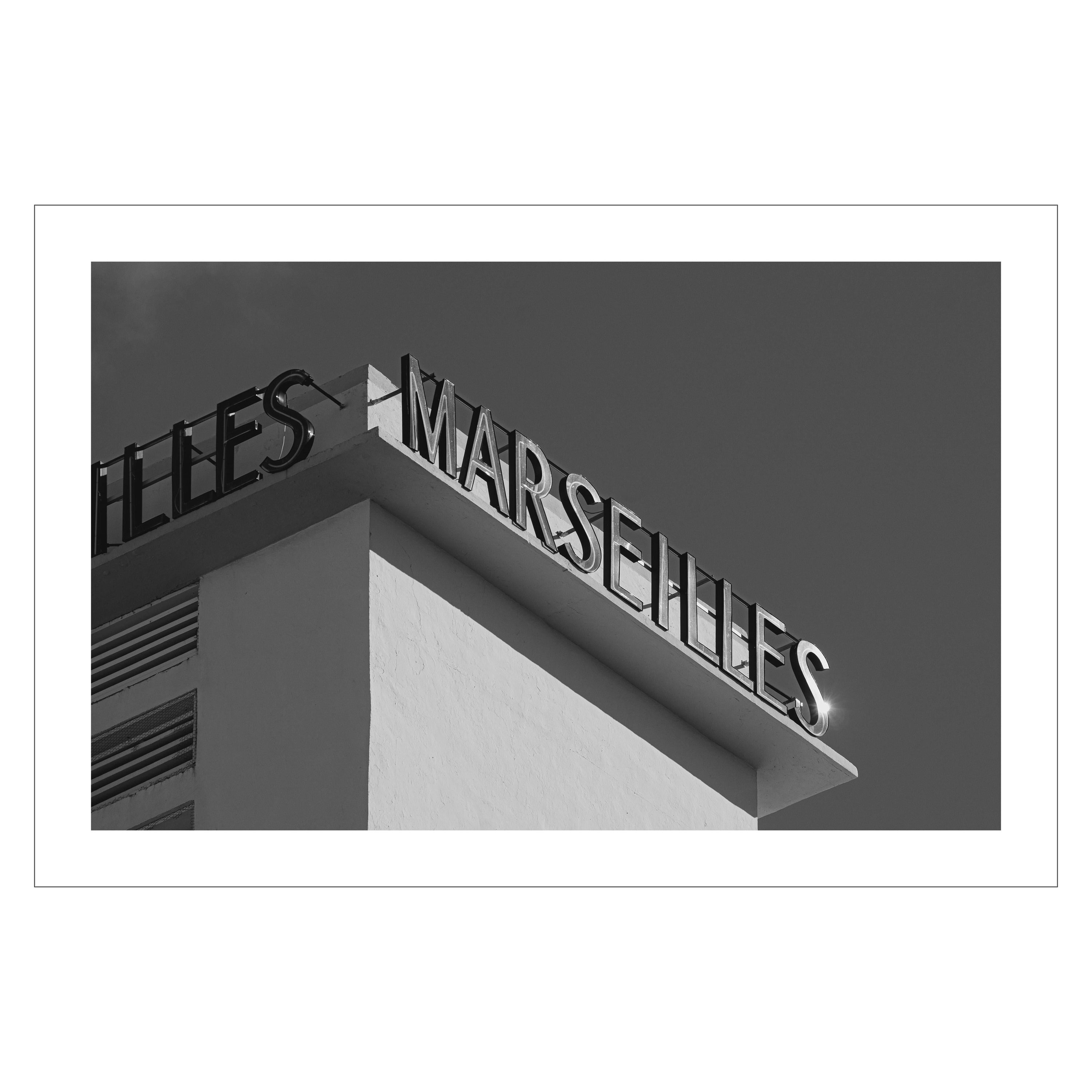 Kind of Cyan Black and White Photograph - The Marseilles, Miami Art Deco Hotel, Tropical. Architecture, French Typo, B&W