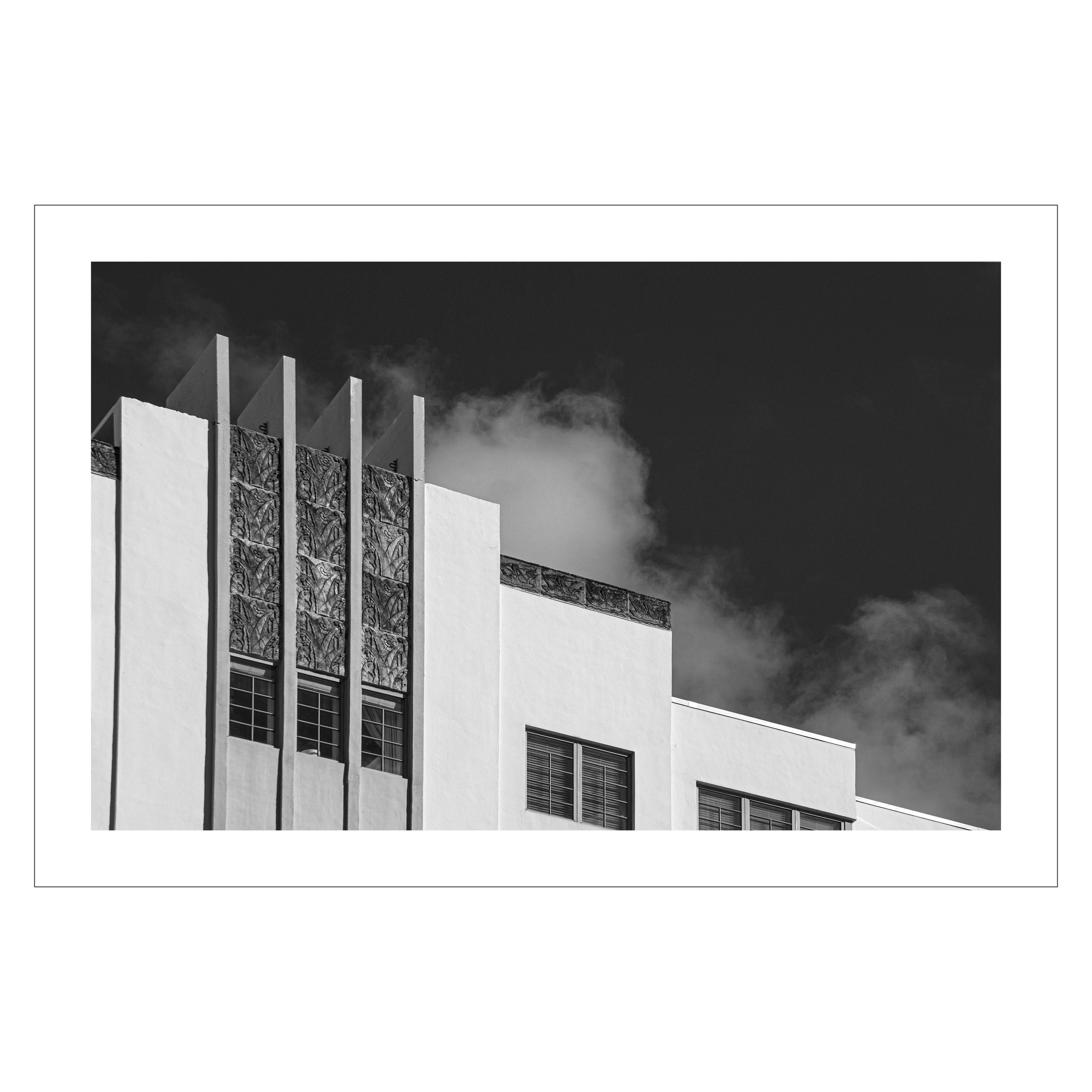 Kind of Cyan Landscape Photograph - Thirties Building with Sky, Black and White Architecture, Miami Beach Art Deco 