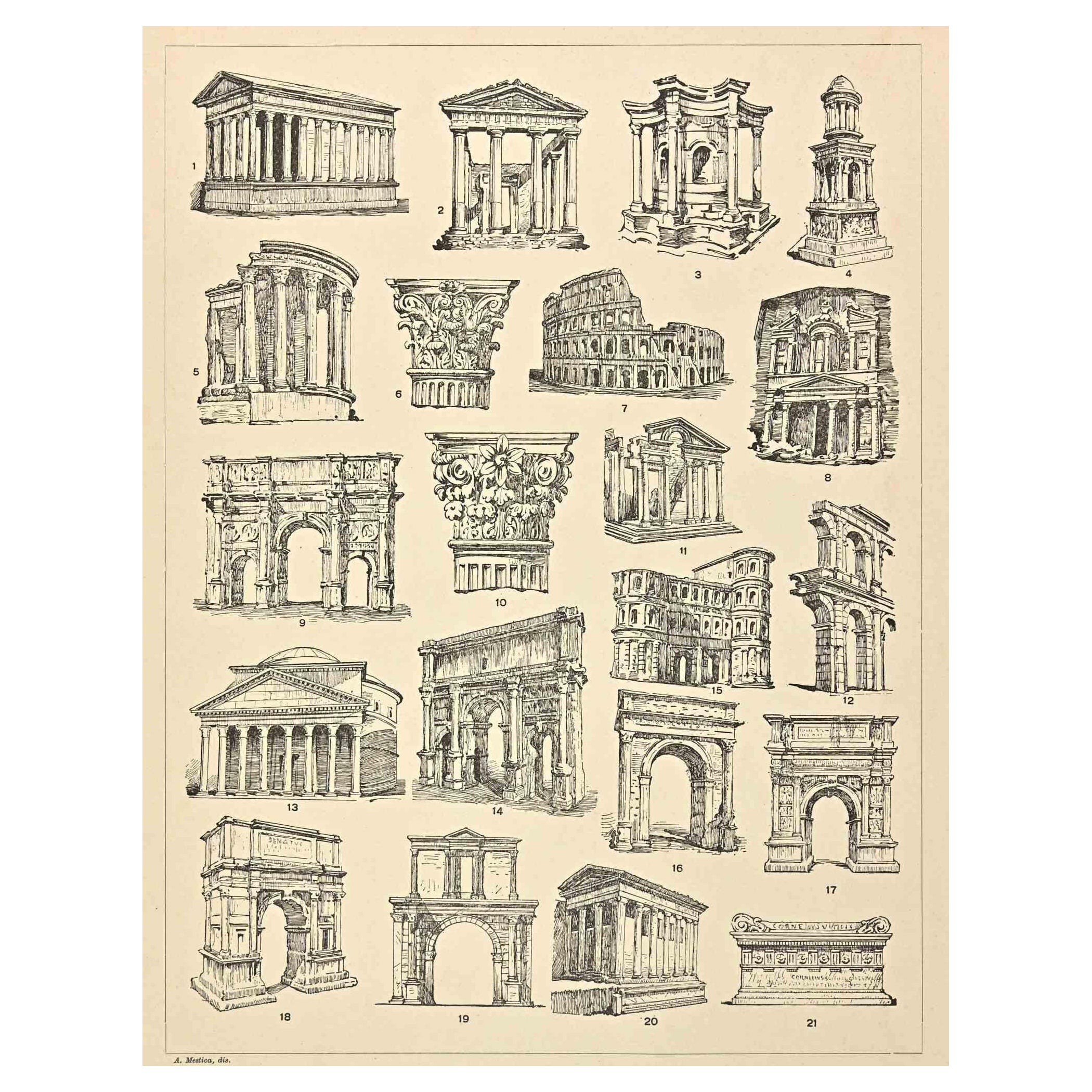 Motivi decorativi -Romano  Styles è una stampa su carta color avorio realizzata da  Andrea Mestica all'inizio del XX secolo. Firmato sul piatto in basso.

Cromolitografia d'epoca.

Condizioni molto buone.

L'opera d'arte rappresenta motivi