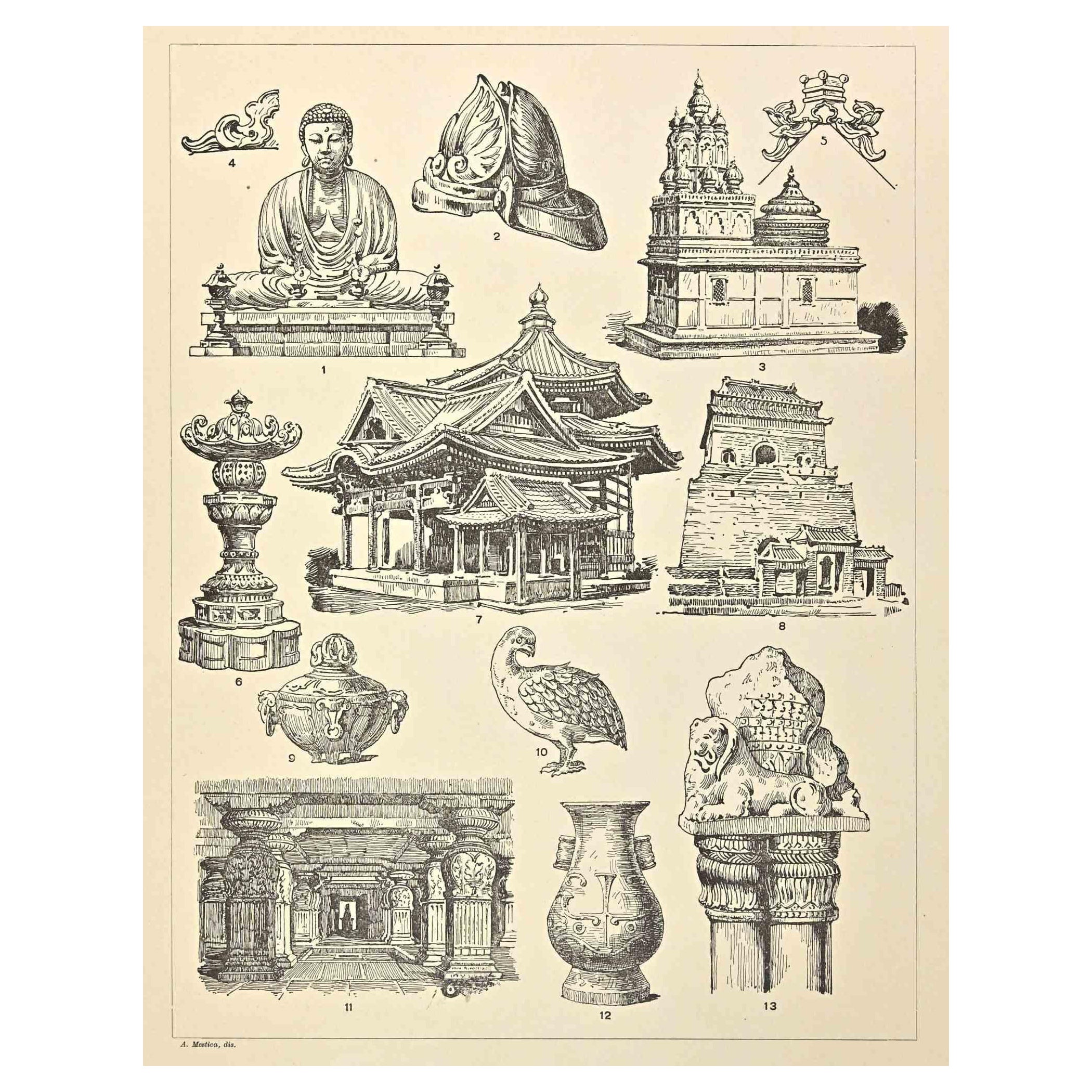 Dekorative Motive -Japanisch, Chinesisch, Indisch  Styles ist ein Druck auf elfenbeinfarbenem Papier, realisiert von  A. Mestica im frühen 20. Jahrhundert. Signiert auf der Platte auf der Unterseite.

Vintage Chromolithographie.

Sehr guter