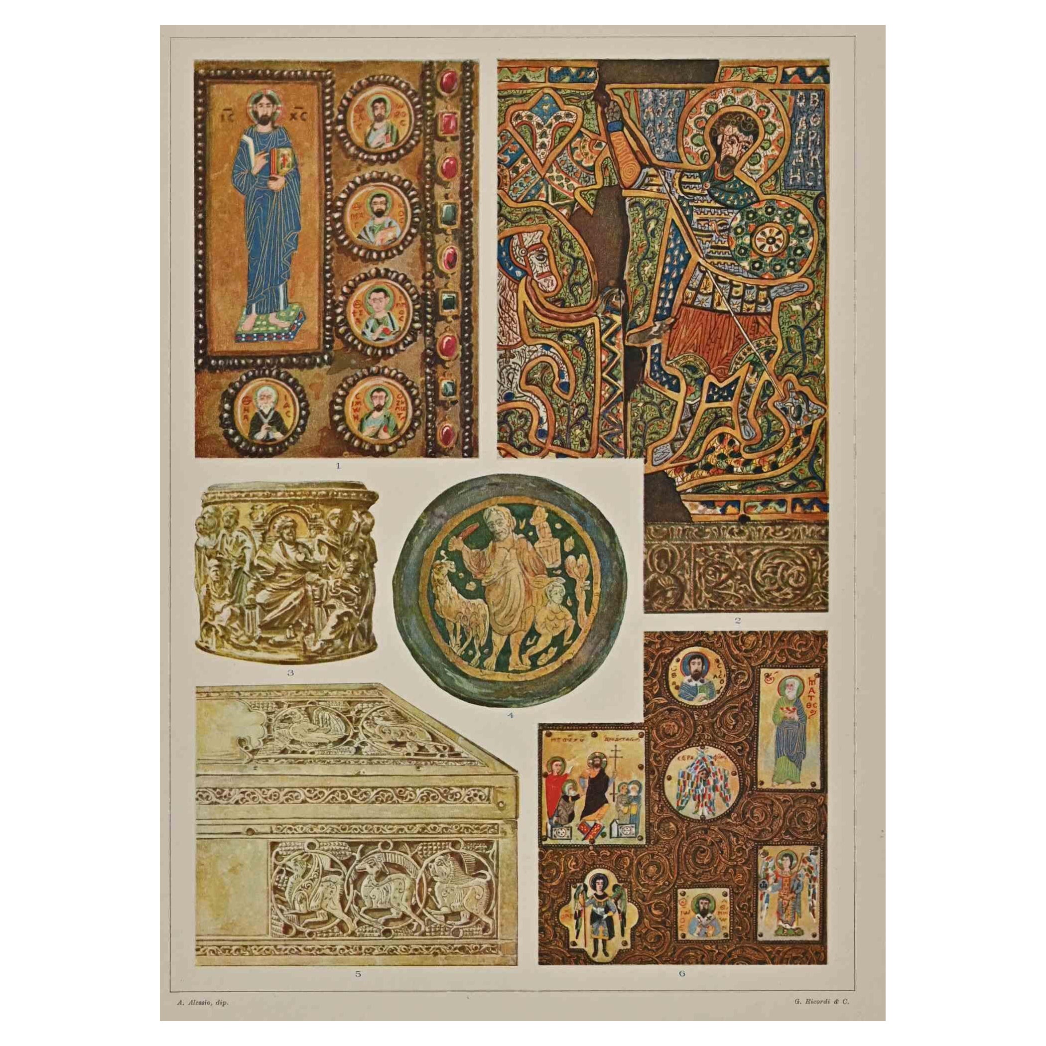 Motivos decorativos - Estilos bizantinos es un grabado sobre papel de color marfil realizado por Andrea Alessio a principios del siglo XX. Firmado en la placa de la parte inferior.

Cromolitografía vintage.

Muy buenas condiciones.

La obra