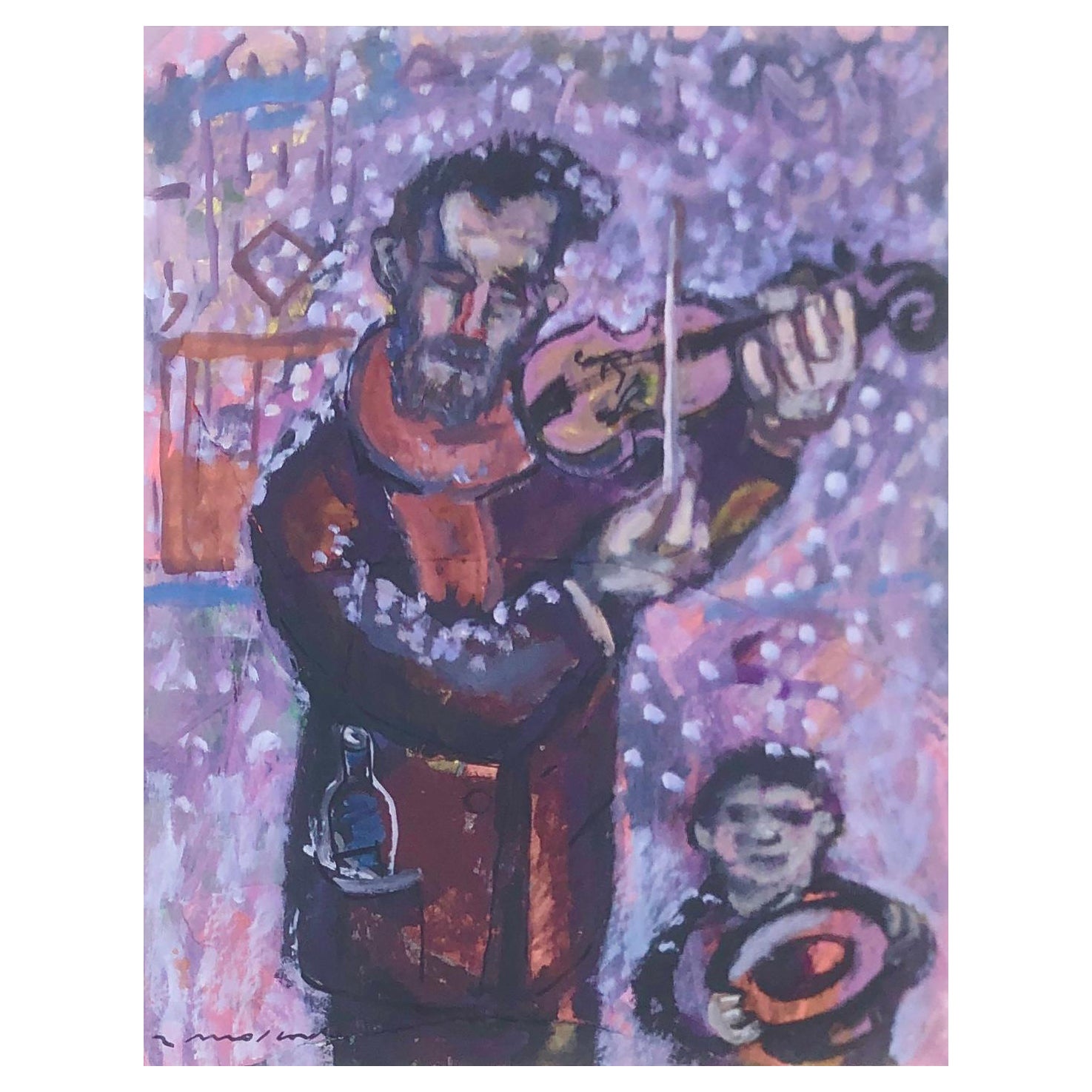 Figurative Painting Ramon Moscardo - Violoniste sous la neige Peinture à l'huile et collage sur papier