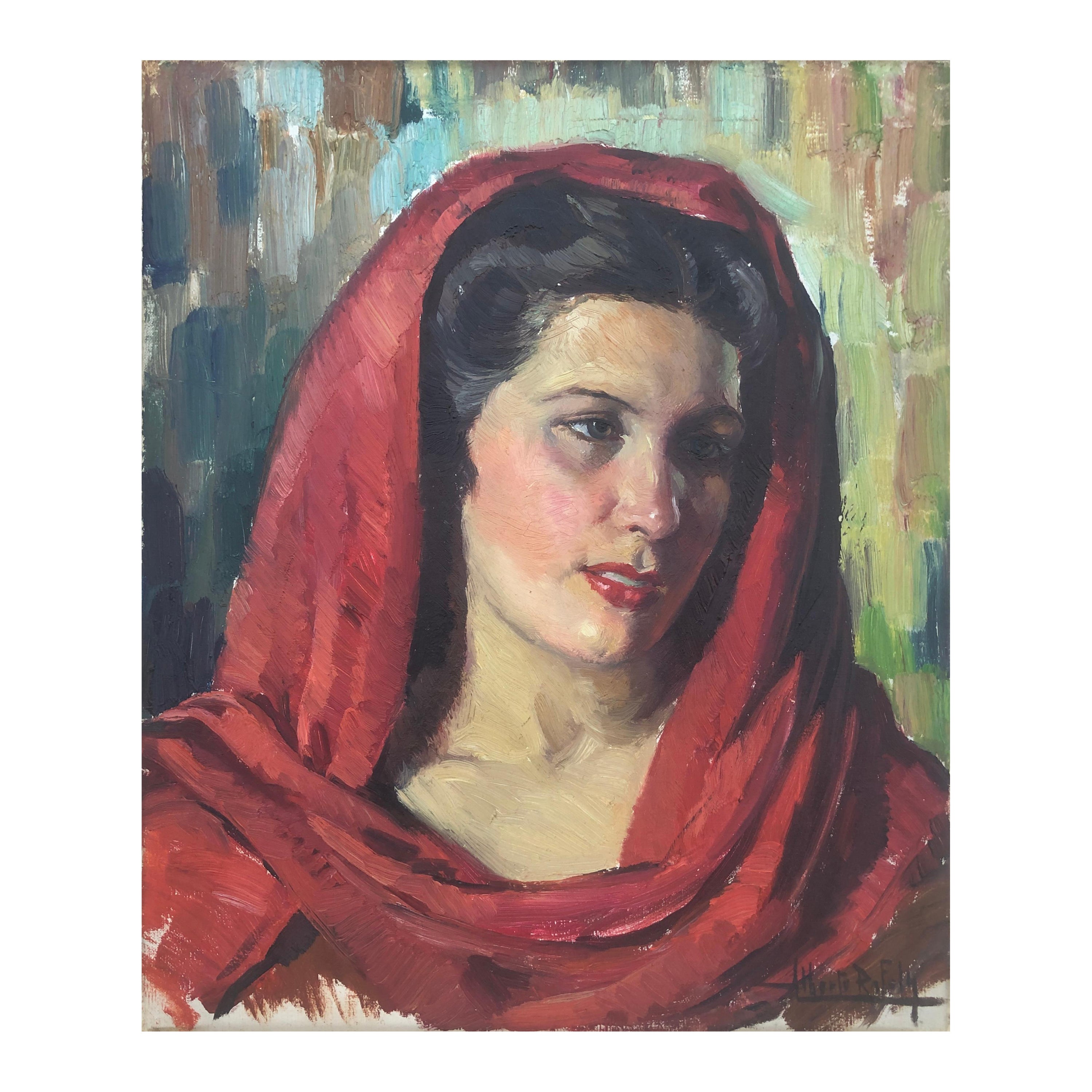 Albert Rafols Culleres Portrait Painting - Woman with headscarf original oil on canvas painting