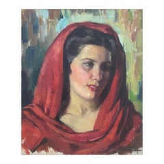 Vintage Woman with headscarf original oil on canvas painting