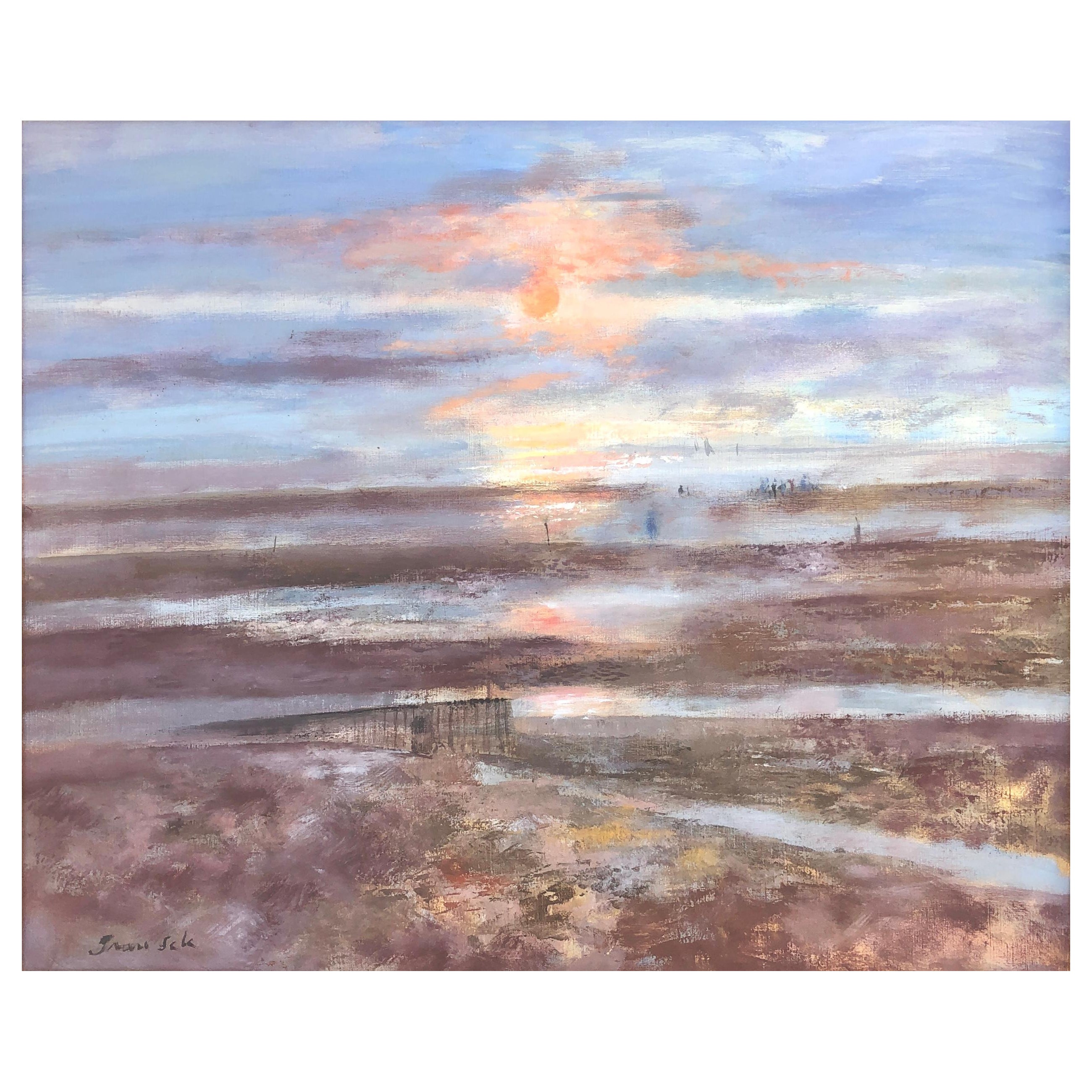 Tramonto a Deauville Francia olio su tela pittura paesaggio marino