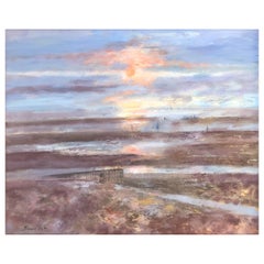 Sunset in Deauville France oil on canvas painting seascape