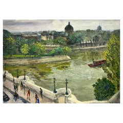 Pont Neuf Bridge River Seine Paris 1960s French Oil on Canvas Post Impressionist