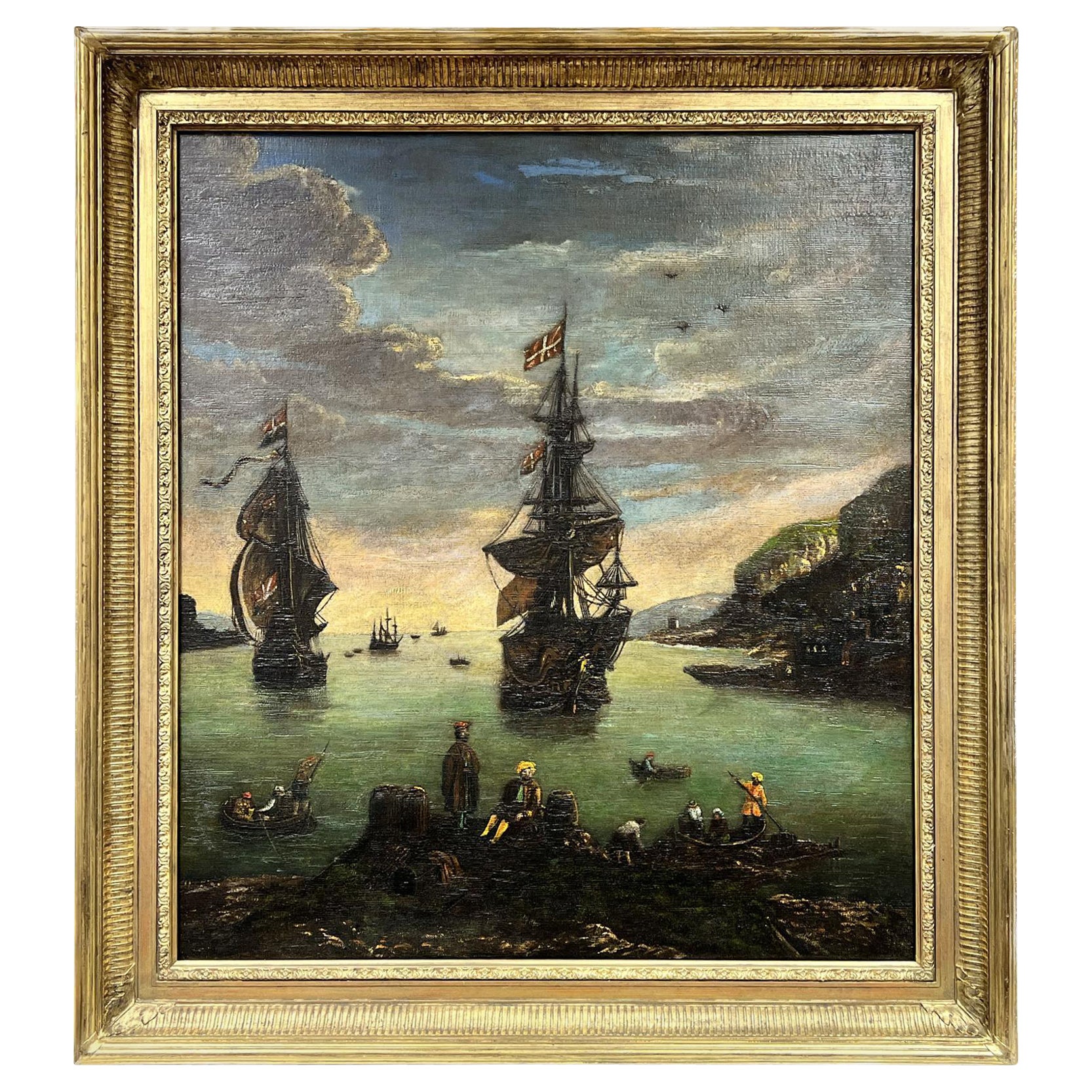 Landscape Painting 19th Century School - Immense peinture à l'huile ancienne européenne Marchands et navires dans un ancien port commercial