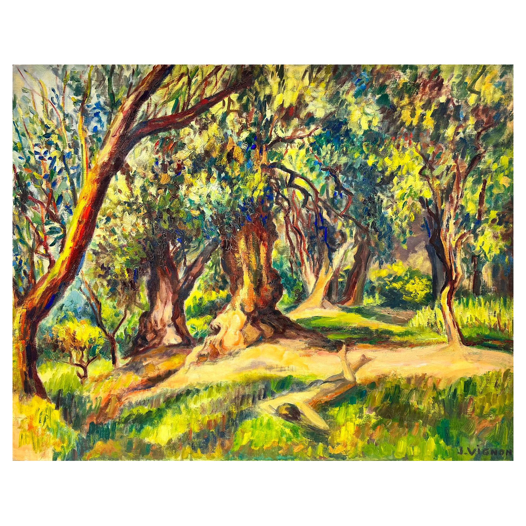 Josine Vignon Landscape Painting – Leuchte Sommer-Holzlandschaft mit goldenem Licht, französisches impressionistisches Ölgemälde