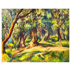 Luminoso paesaggio boschivo estivo Luce dorata Tela ad olio dell'impressionista francese
