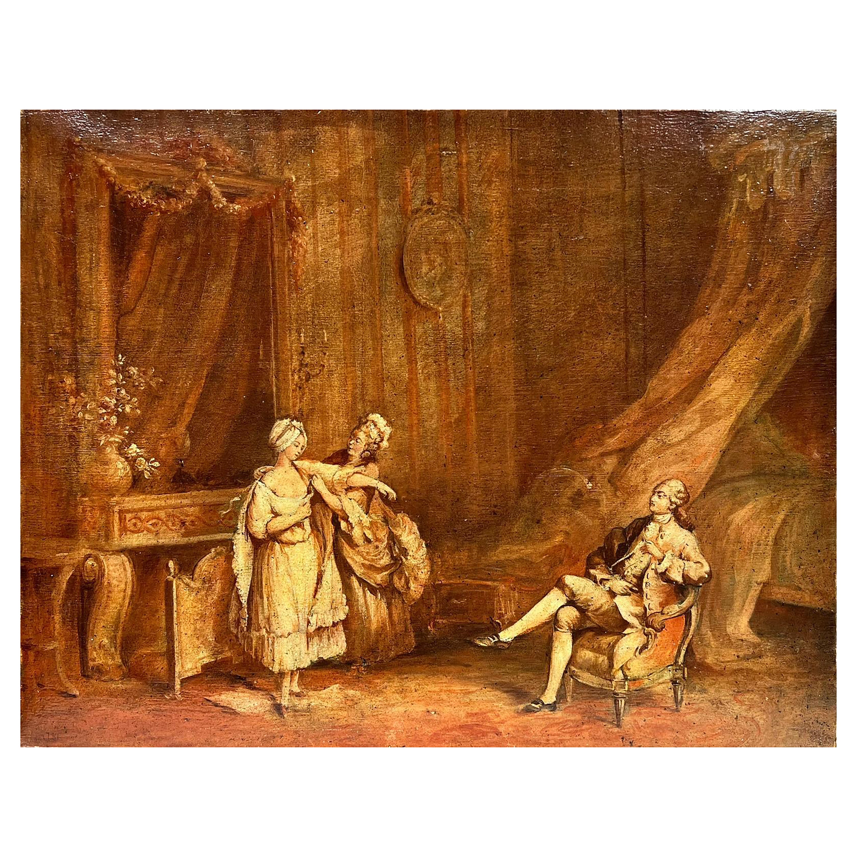 Peinture à l'huile française des années 1800 - Élégante période rococo - Figures d'intérieur - habillage de la dame
