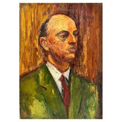 Mid Century French Post Impressionist Oil on Canvas Portrait Man in Green Jacket