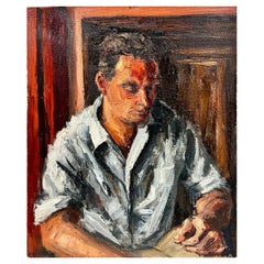 Mid Century French Oil Post-Impressionist Portrait of Man Reading in Interior