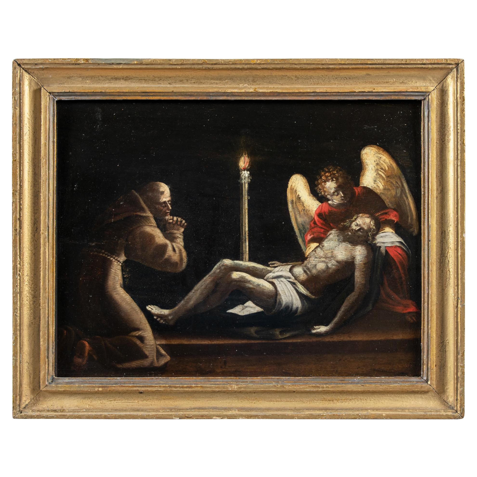 Follower of Fra' Cosmo da Castelfranco (Castelfranco Veneto 1560 - Venice 1620) - Lamentation over Christ.

39 x 53 cm without frame, 49 x 61 cm with frame.

Antique oil painting on panel, in a gilded wooden frame.

- The work takes up the painting