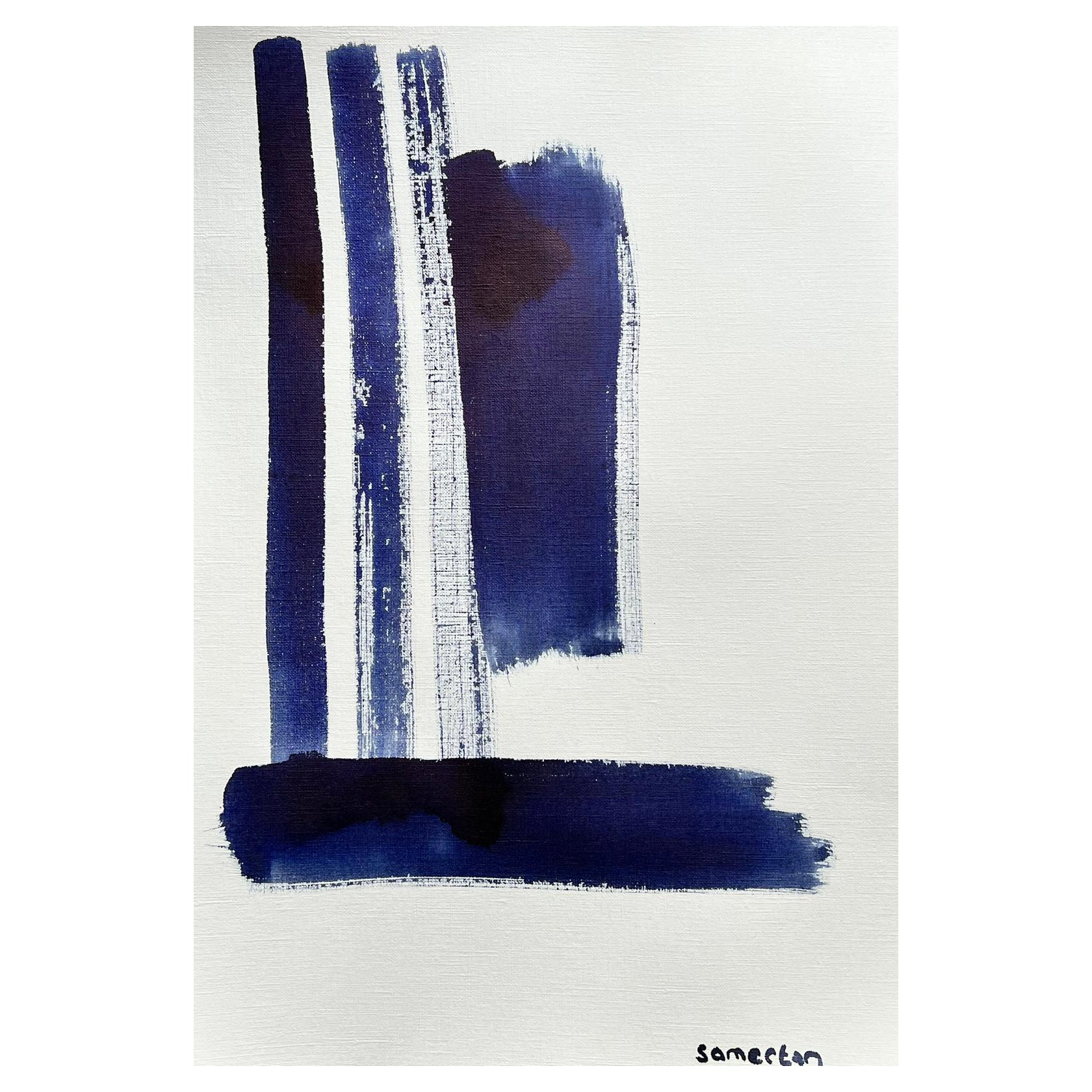 Abstract Painting di Robert Somerton - Pittura astratta espressionista britannica originale Forme e motivi blu e bianco