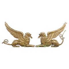 Pair of Early 19th century French fireplace andirons - Gilded bronze Lions Paris