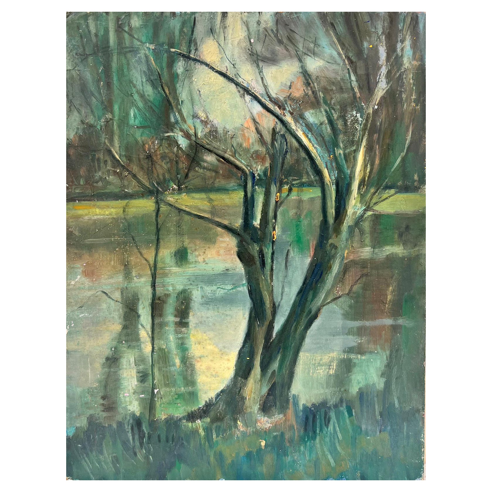 Landscape Painting di French School - Pittura ad olio modernista francese degli anni '50 Alberi spogli vicino al lago Colori atmosferici e lunatici