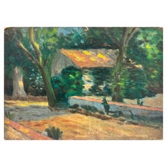 Antique Early 20th Century French Impressionist Oil Painting Dappled Light Garden