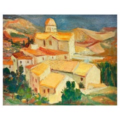 Paysage de village de Provence chaud et ensoleillé signé par des impressionnistes français, années 1950